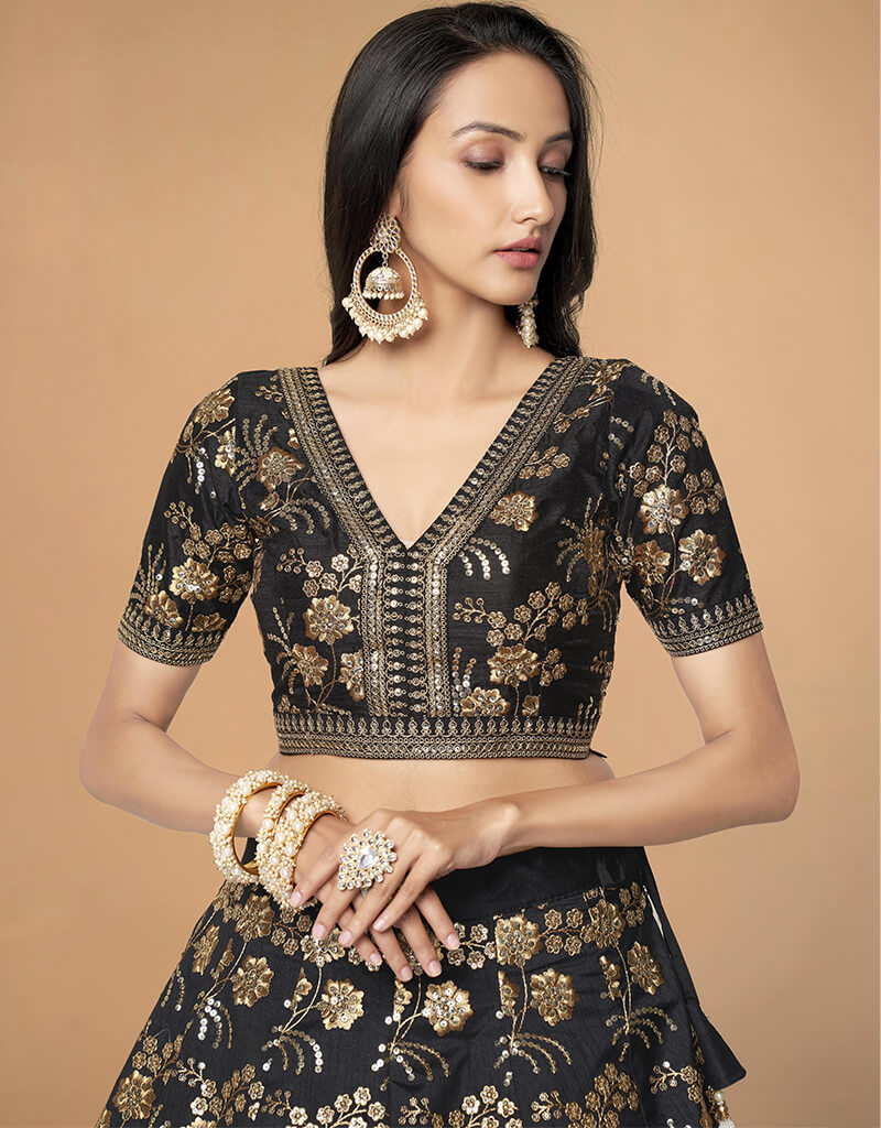 Elegant Black Slub Silk Lehenga Choli Set for Women - Traditional Indian Bridal Wear for Weddings & Festivals