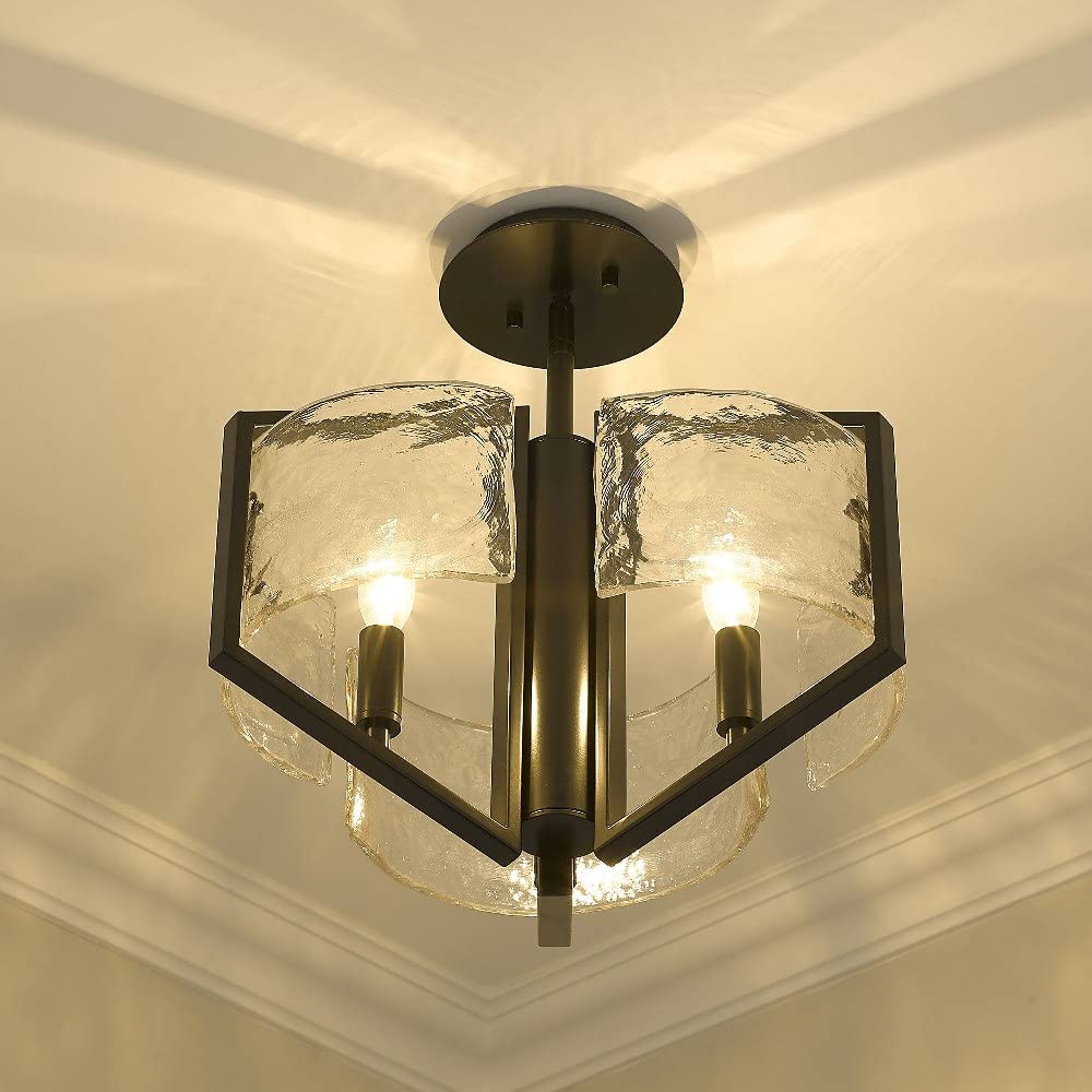 Varska Semi-Flush Mount Ceiling Light Fixture - Matte Black Finish with Hammered Water Glass Shade - Perfect for Bedroom, Living Room, and Dining Room Lighting