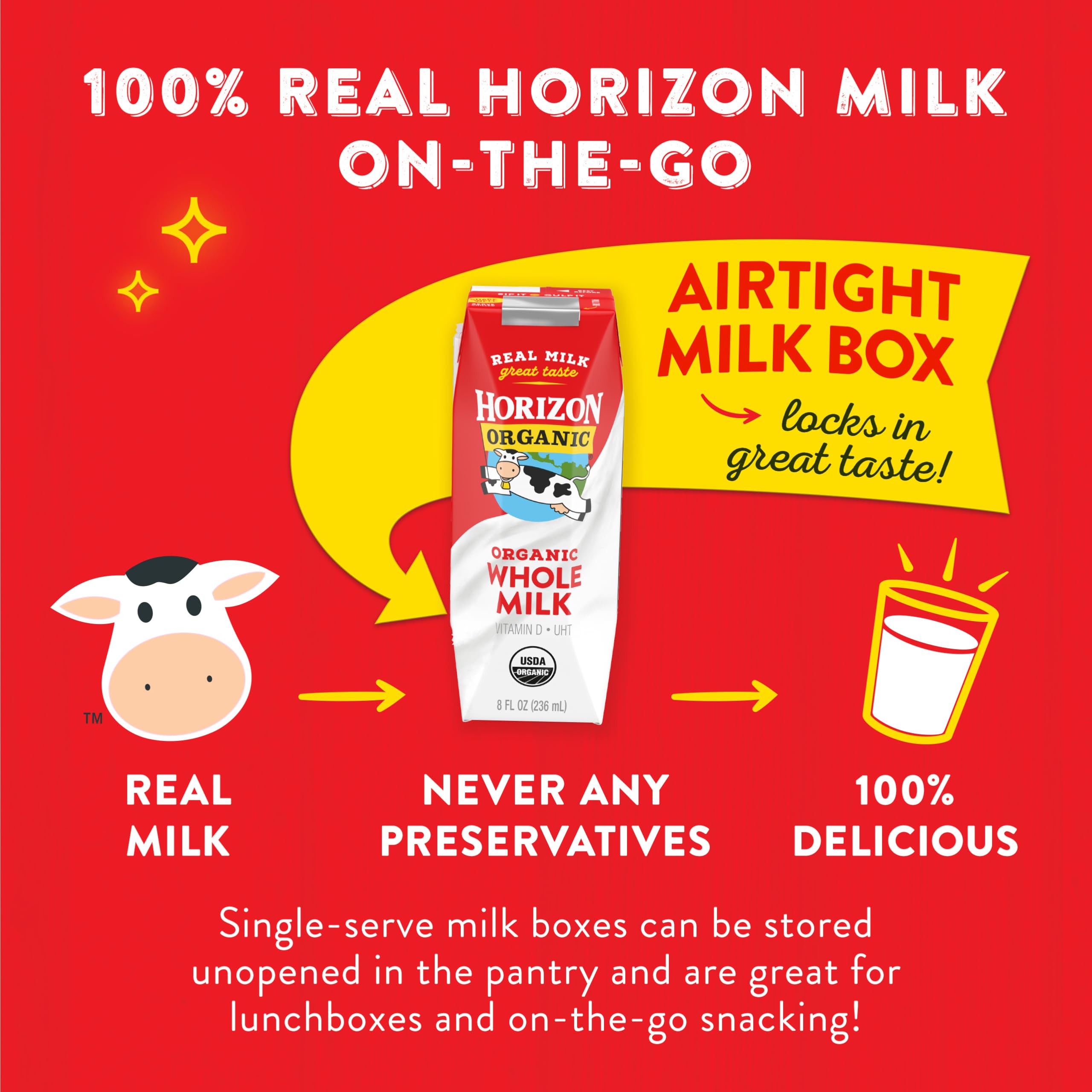 Horizon Organic Whole Milk 18-Pack, 8 fl oz Cartons - Perfect for School Lunches, Office Snacks & Healthy Family Breakfasts