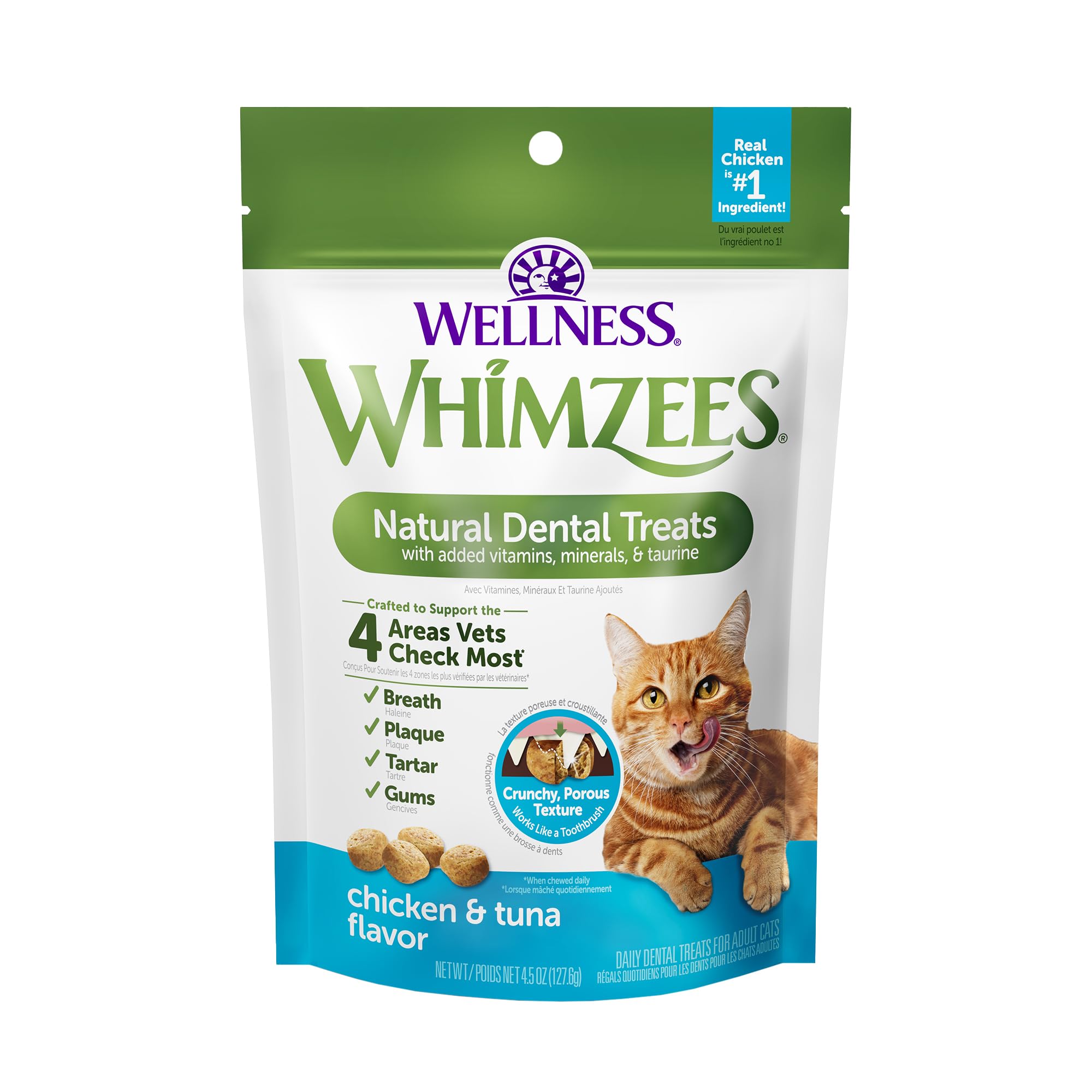 Whimzees Natural Cat Dental Treats - Chicken & Tuna Flavor, Grain-Free Dental Chews for Cats, 4.5oz Bag - Promotes Oral Health & Fresh Breath for Indoor & Outdoor Cats