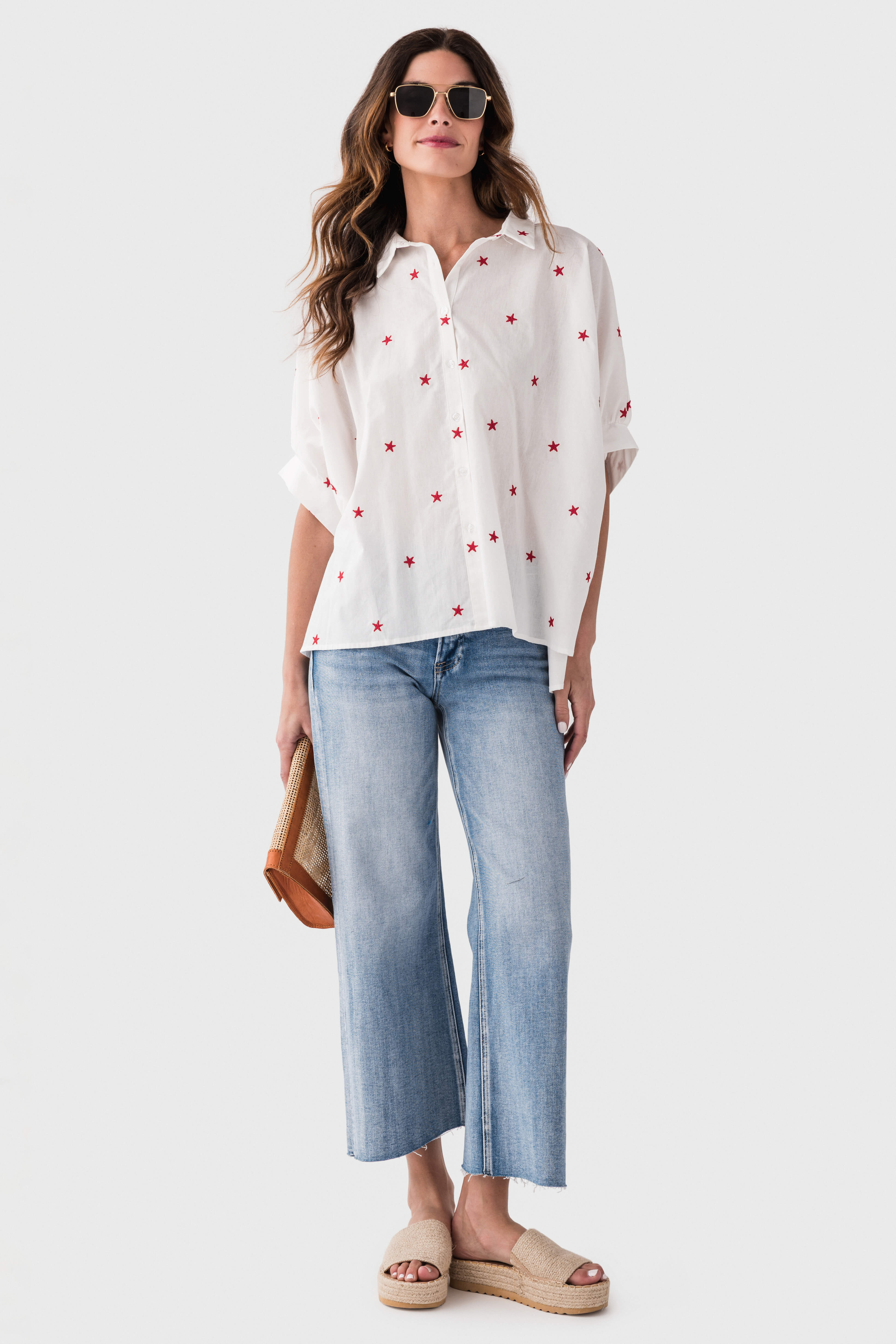 Day + Moon Star Embroidered Button Down Shirt for Women | Boho Chic Blouse for Casual Wear & Date Nights