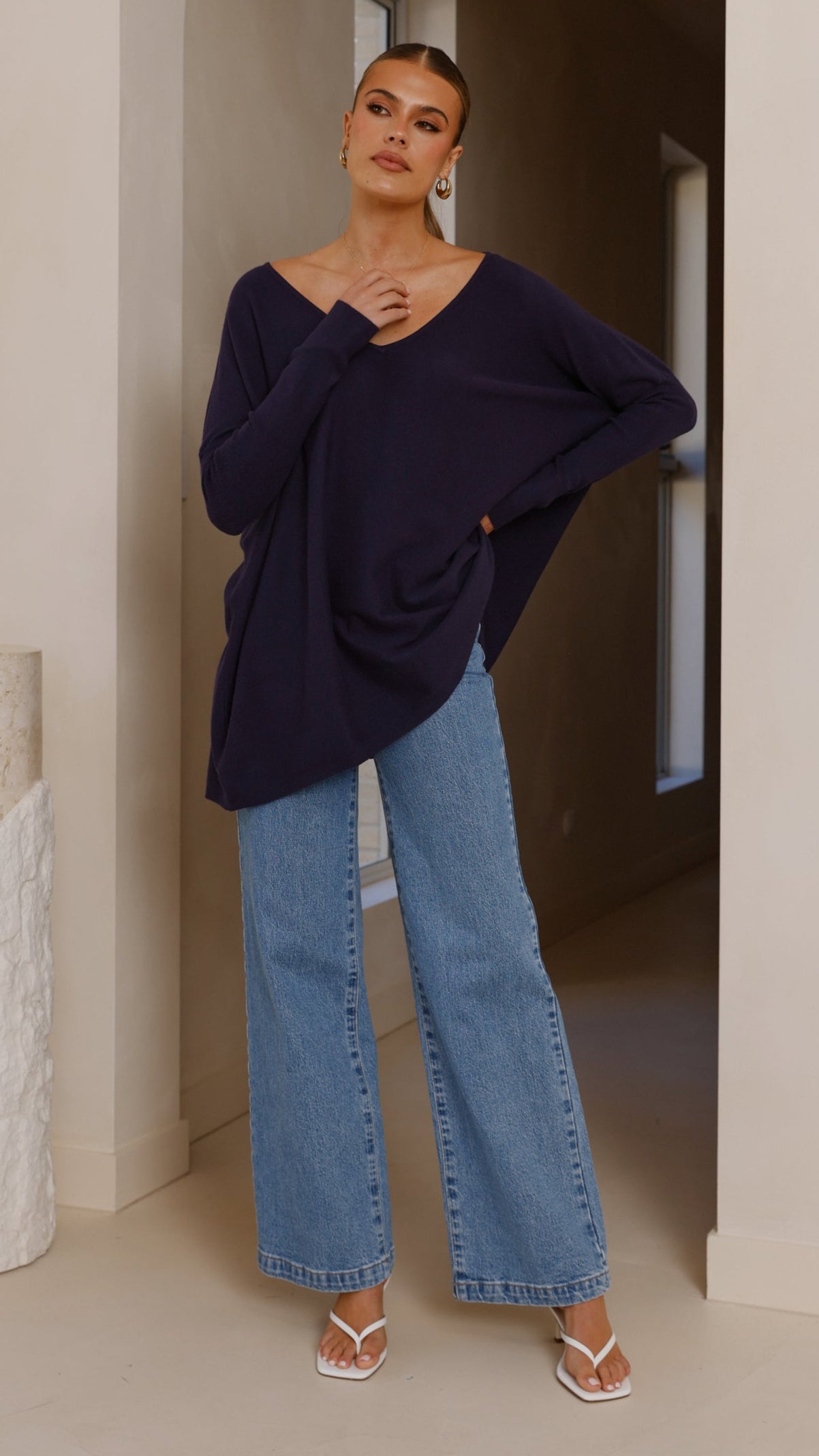 Amalia Knit Top for Women - Soft & Comfortable Navy Blue Crewneck T-Shirt - Perfect for Casual Wear, Layering & Everyday Outfits