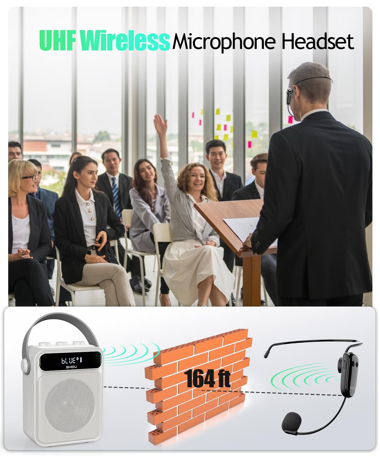 SHIDU Wireless Voice Amplifier with Headset Microphone - Bluetooth Portable PA System for Teachers, Classroom, Meetings & Outdoor Use | Rechargeable Megaphone for Public Speaking, Presentations & Events