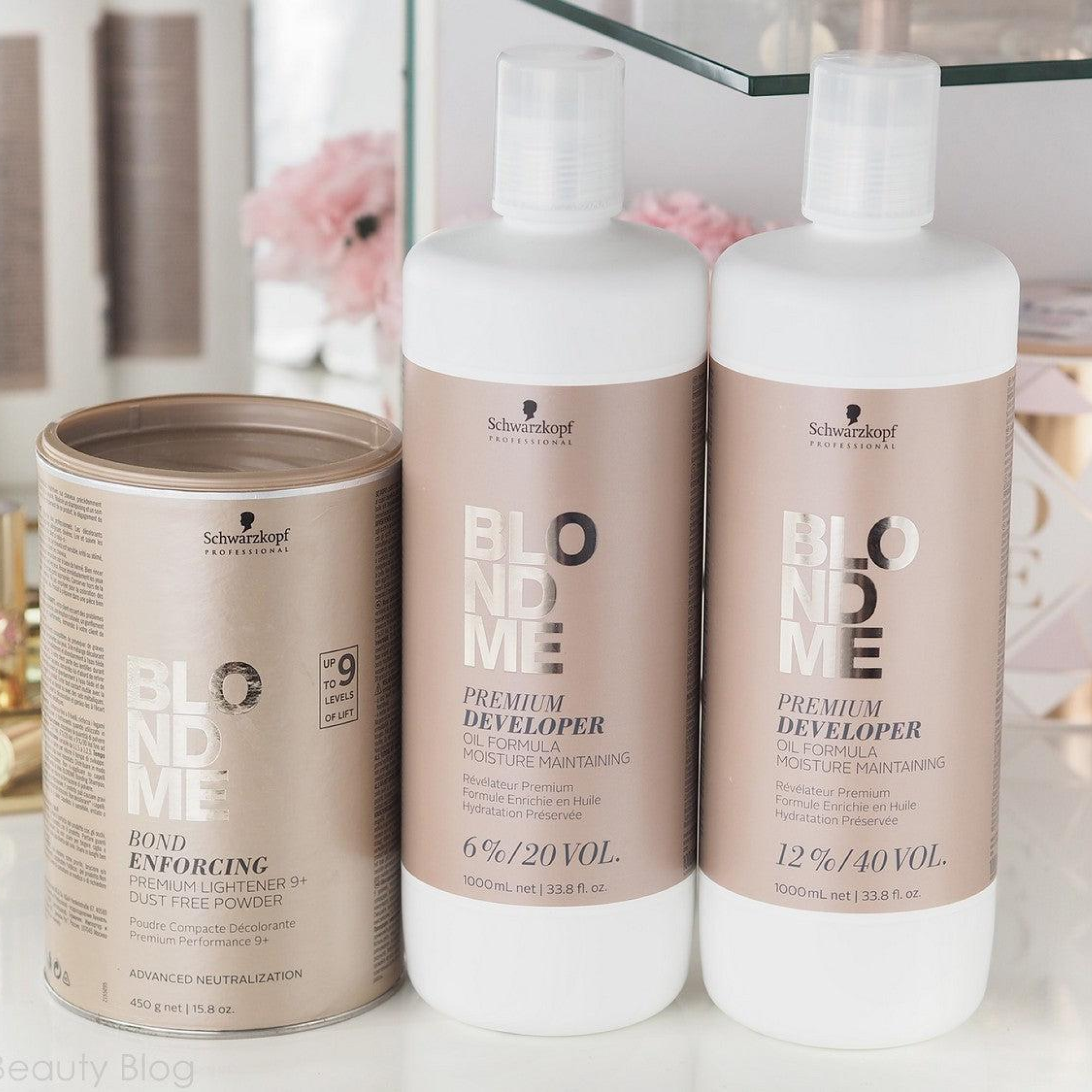 BLONDME Premium Lightener 9+ (15.8oz) & 20/40 Volume Developer Trio - Professional Salon Hair Bleaching Kit for Platinum Blonde Highlights & Full Hair Lightening at Home