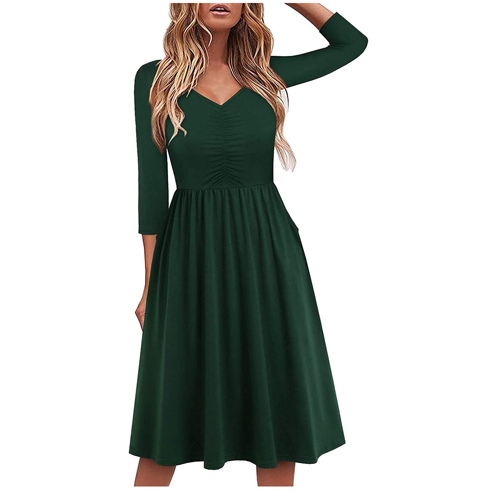 2022 Fall Dresses for Women - Casual 3/4 Sleeve V-Neck Midi Dress with Pockets & Pleated Floral Design | Perfect for Wedding Guest, Office Wear & Autumn Outings