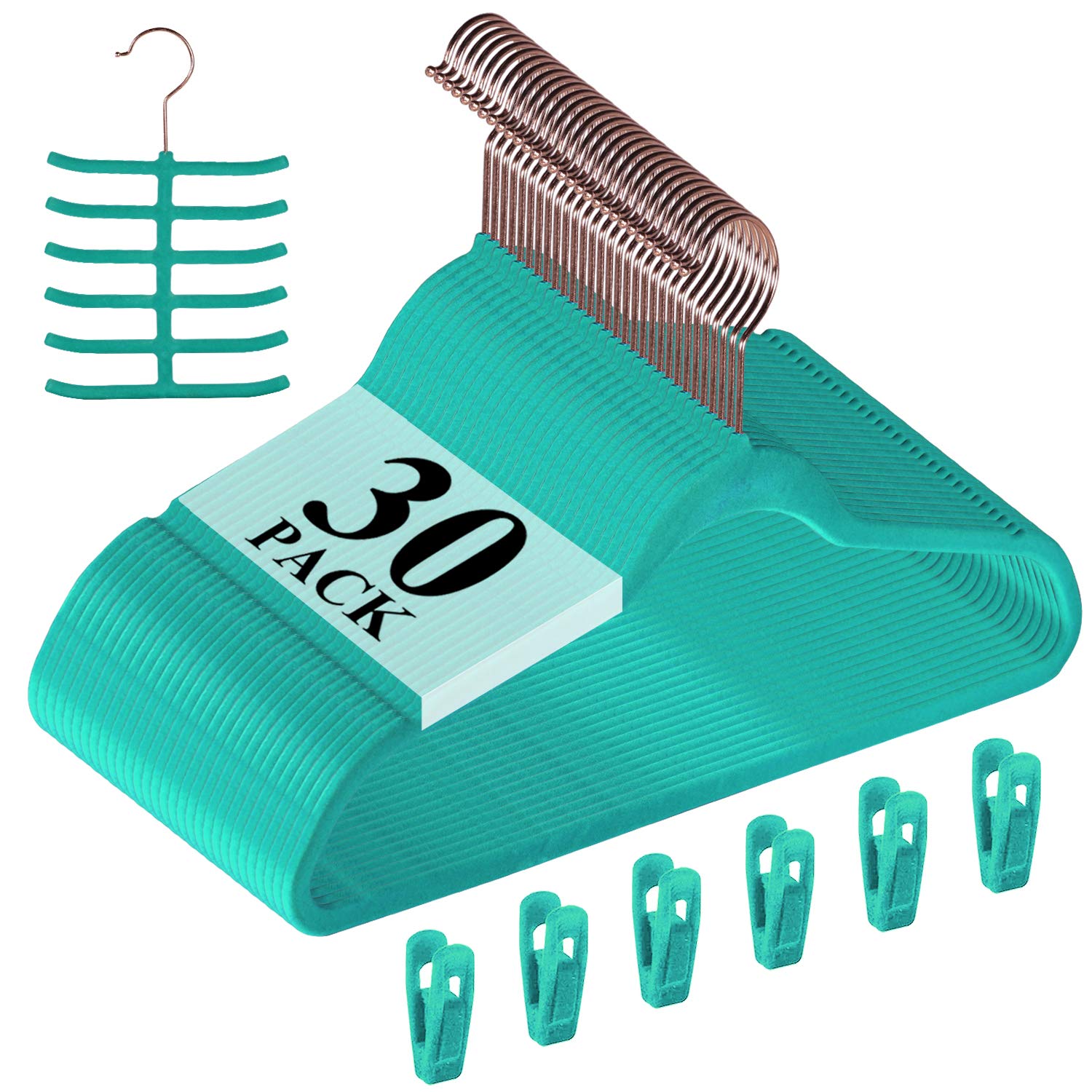 Premium Velvet Suit Hangers Heavy Duty 30 Pack - Non Slip Space Saving Clothes Hangers with 6 Finger Clips & Tie Rack for Men & Women (Teal) - Perfect for Closet Organization & Travel Luggage