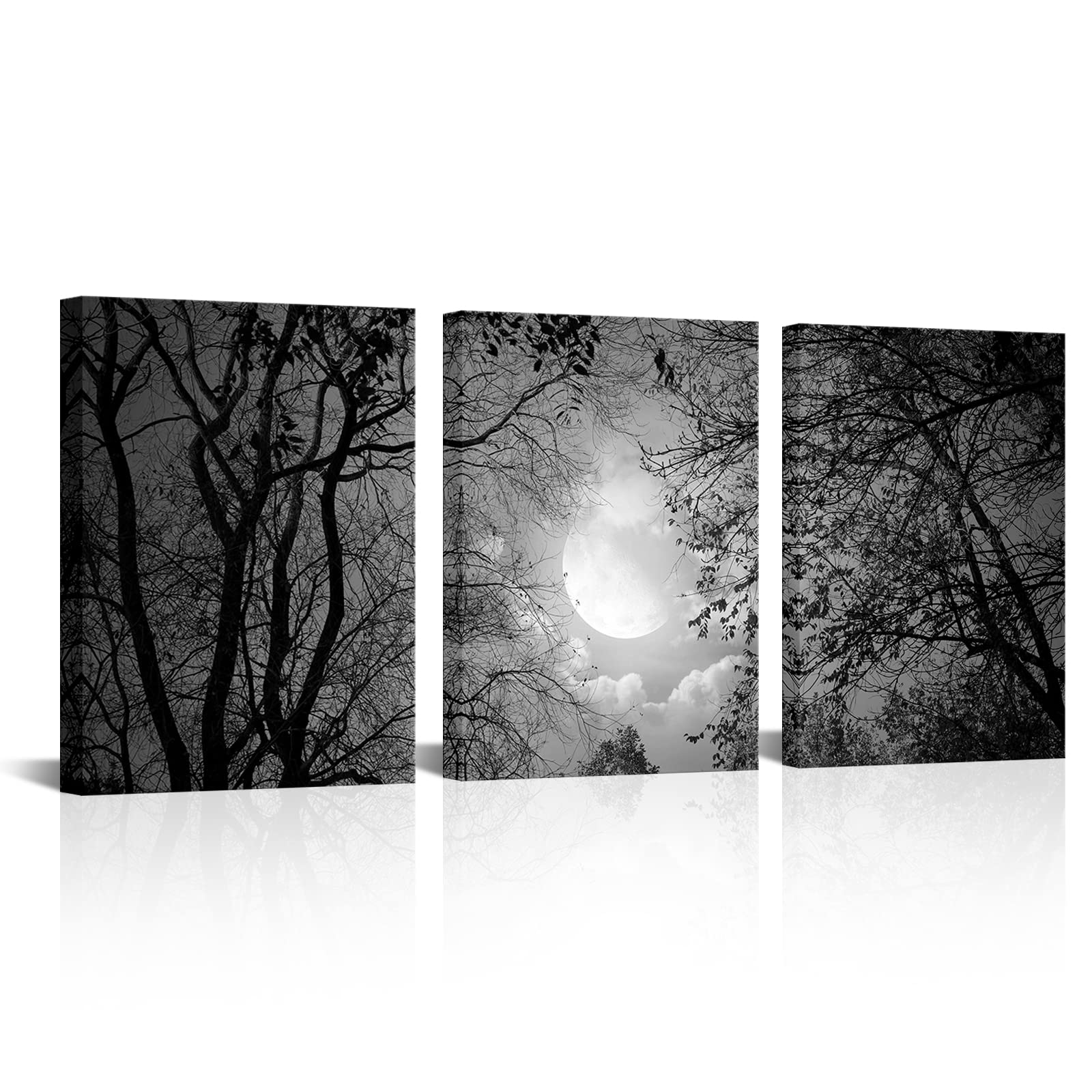 Black and White Full Moon Forest Canvas Wall Art - 3 Piece Framed Gothic Decor for Living Room, Bedroom & Home Office - Perfect for Goth, Dark Aesthetic & Nature Inspired Interior Design