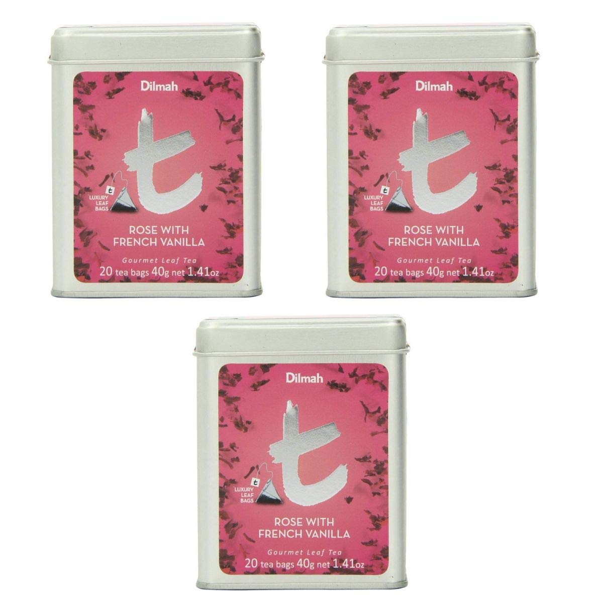 Premium Dilmah Rose & French Vanilla Tea in Elegant Tin Caddy - 3 Pack of 20 Luxury Tea Bags - 100% Pure Ceylon Black Tea with Natural Flavors - Perfect for Afternoon Tea, Gifts & Relaxation Moments