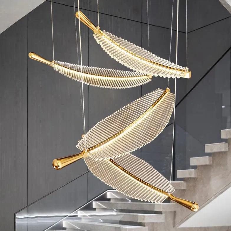Feather Shaped Gold LED Pendant Light - Modern Glass Chandelier for Dining Room, Bedroom, or Living Room Decor