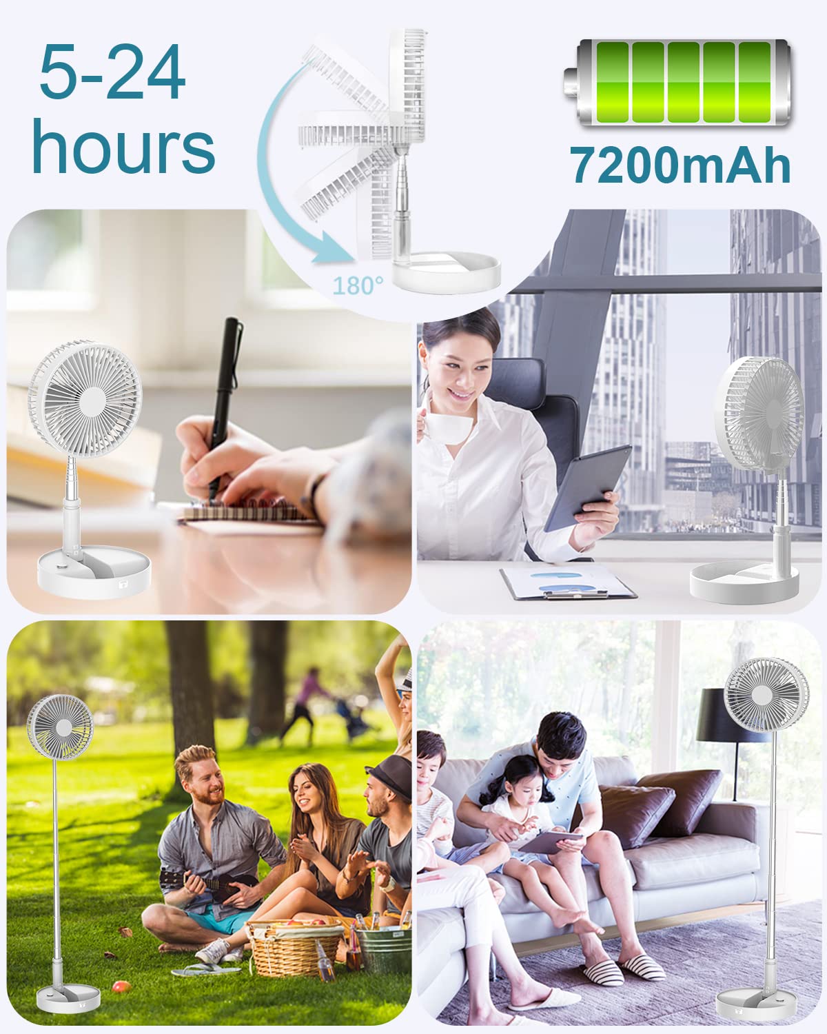 UN UNITEDTIME Portable Desk & Table Fan - Foldable Travel Fan with Remote Control, 4 Speed Settings, Adjustable Height, Battery/USB Powered - Perfect for Office, Home, Bedroom & Travel Use (White)