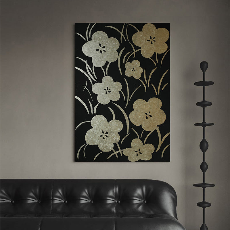 Gold Leaf Floral Acrylic Painting on Canvas - Handmade Contemporary Wall Art Decor for Living Room, Bedroom & Office