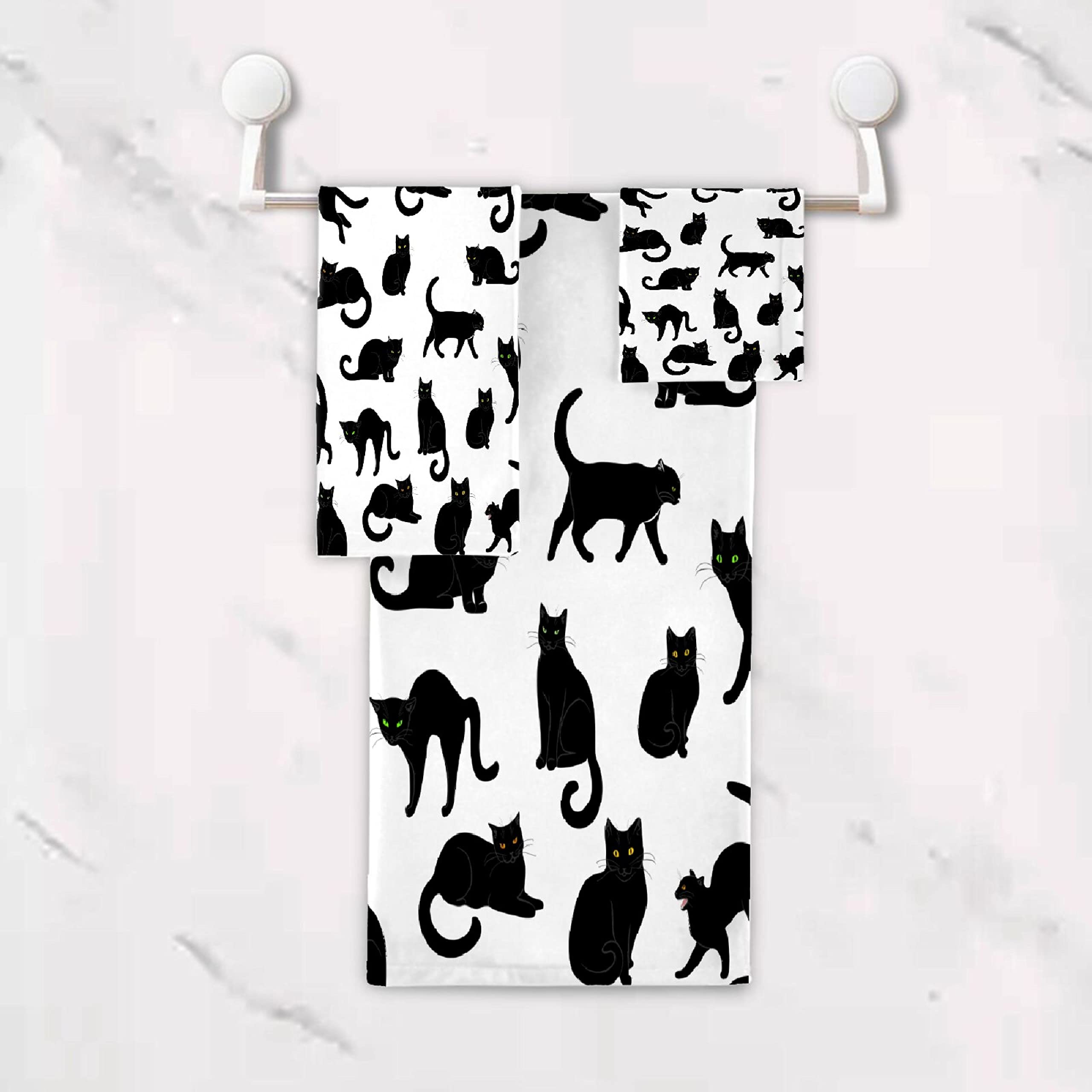 Premium Black Cat 3-Piece Bath Towel Set - 1 Bath Towel, 1 Hand Towel, 1 Washcloth - 100% Cotton Soft Absorbent Quick-Dry Towels for Bathroom, Kitchen & Home Decor - Perfect Gift for Cat Lovers & Cozy Home Essentials