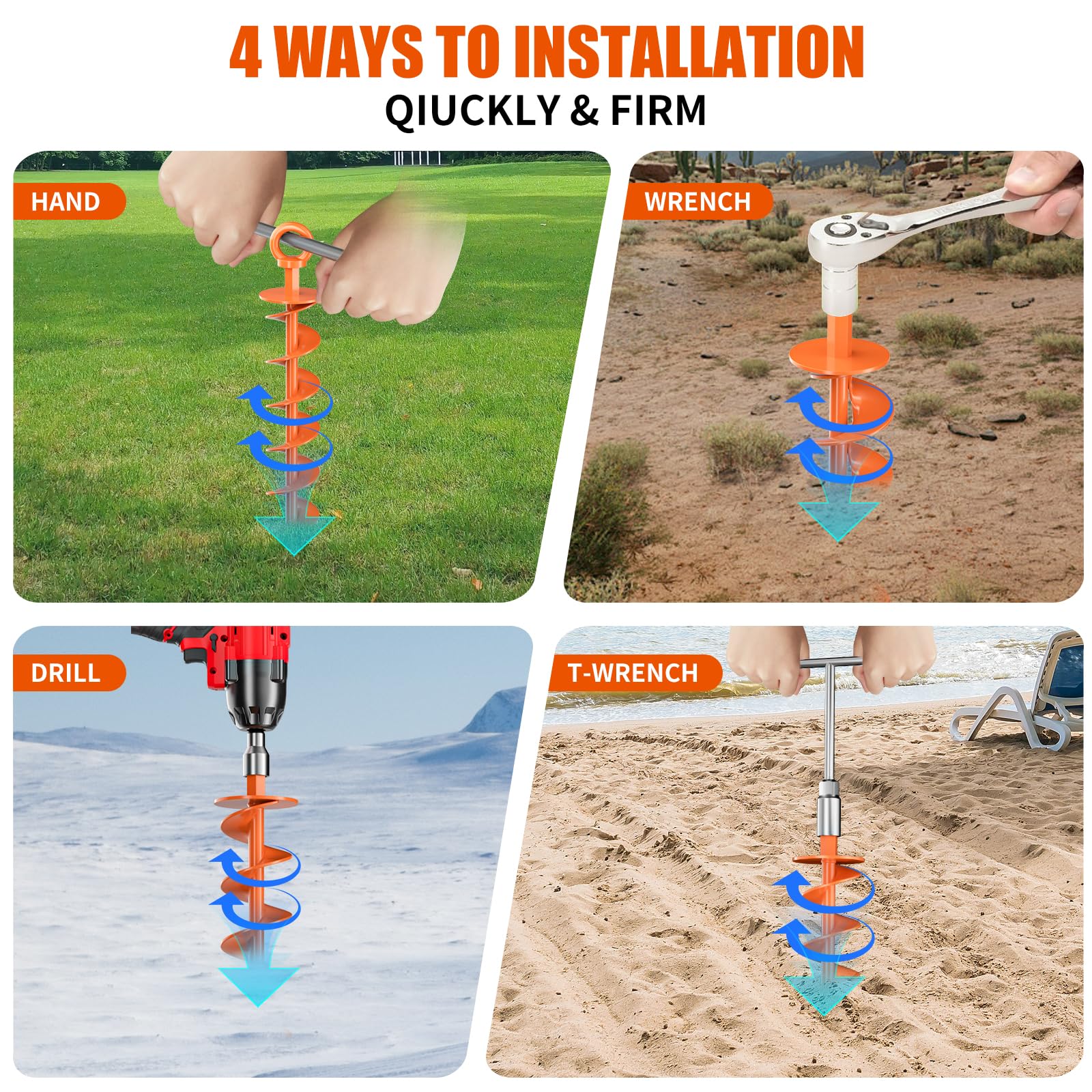Phopich 4-Pack Heavy Duty Spiral Ground Anchors with Nut & Tool - High Wind Resistance for Trampolines, Swing Sets, Tents, Sheds & Mobile Homes - Durable Outdoor Screw-in Anchors (Orange) - Perfect for Securing Equipment in Windy Weather & Storm Protection
