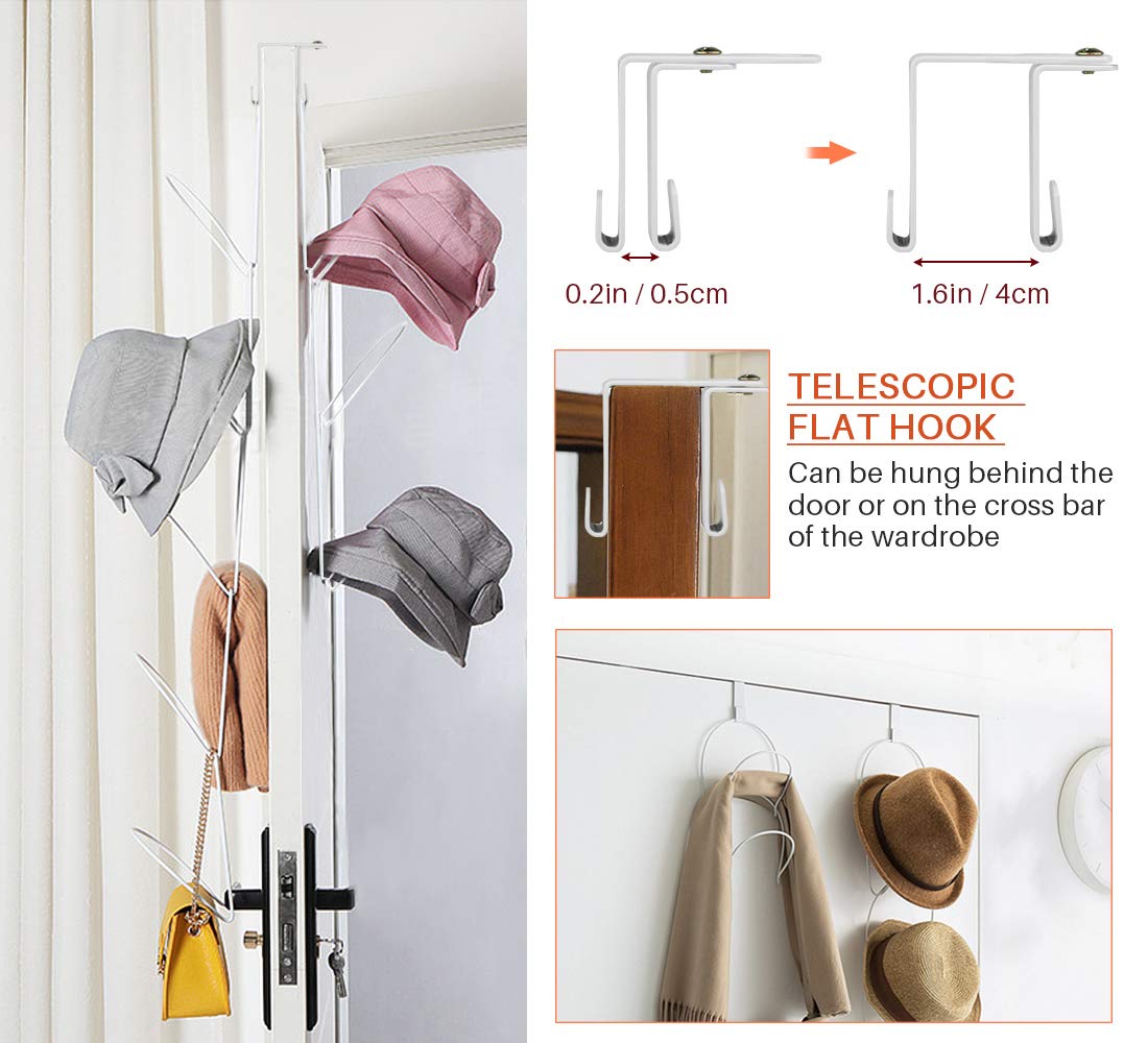 10-Ring Hat Rack Organizer with Door Hooks & Sticky Hooks - Wall/Door/Closet Mountable Cap Storage for Baseball Caps, Hats & Towels (White, Round) - Perfect for Bedroom, Entryway & Garage Organization
