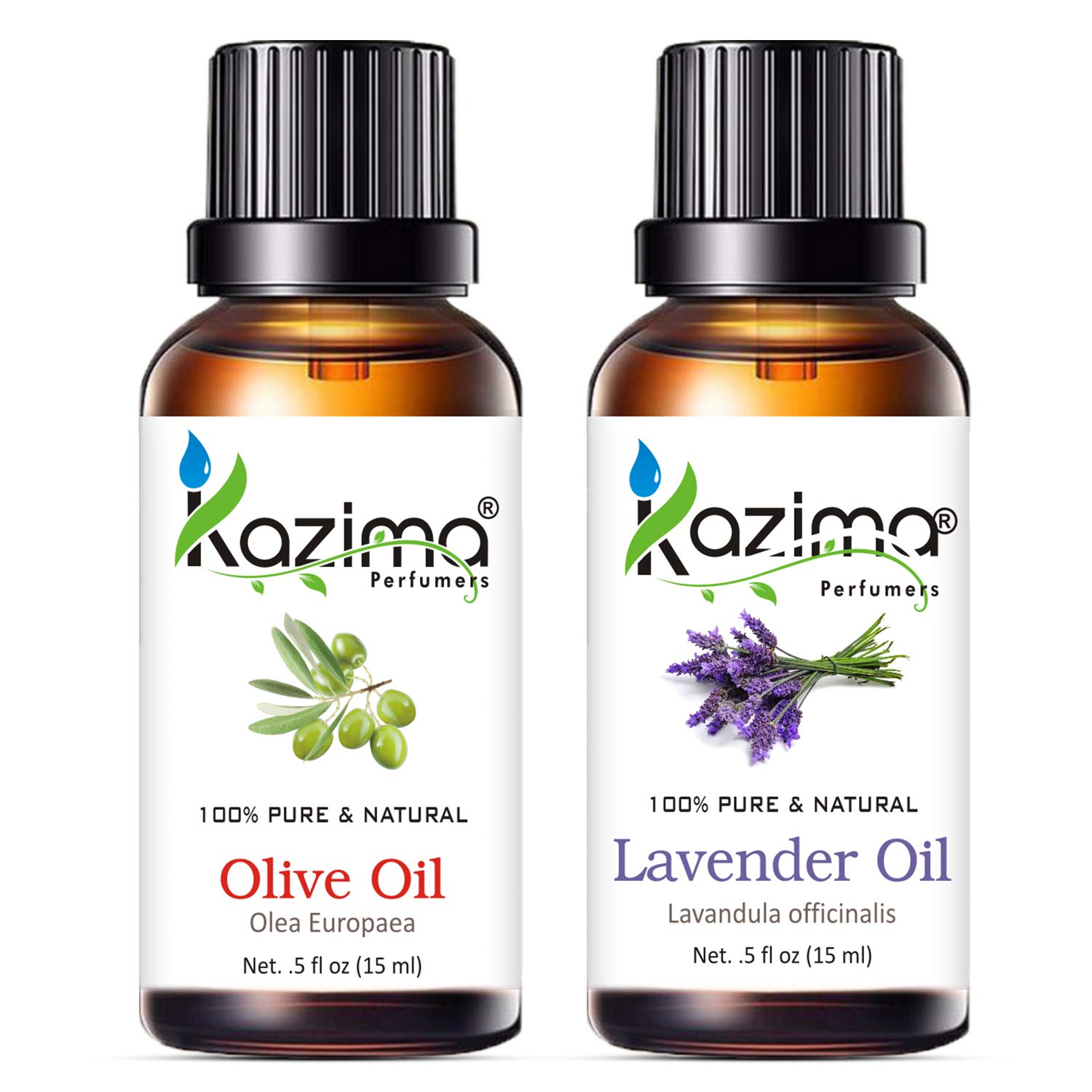 KAZIMA Combo of 100% Pure & Natural Olive Carrier Oil and Lavender Essential Oil (15 ml Each) - For Hair Growth, Massage, Skin Moisturizing & Aromatherapy | Perfect for DIY Beauty Recipes, Relaxation, and Spa Treatments at Home