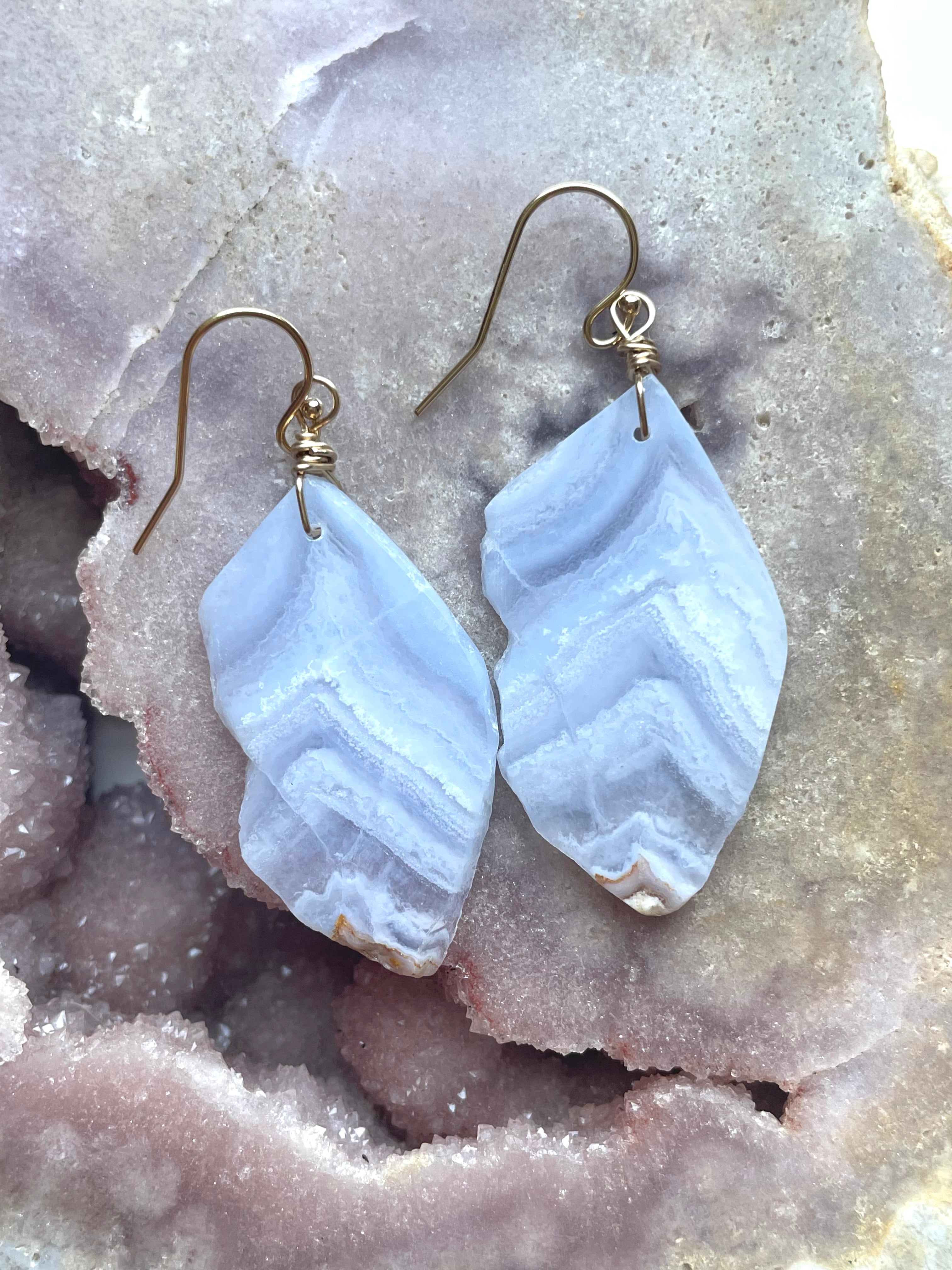 Large Blue Lace Agate Gold Filled Statement Crystal Gemstone Earrings for Women | Elegant Dangle Drop Earrings for Party, Wedding & Special Occasions