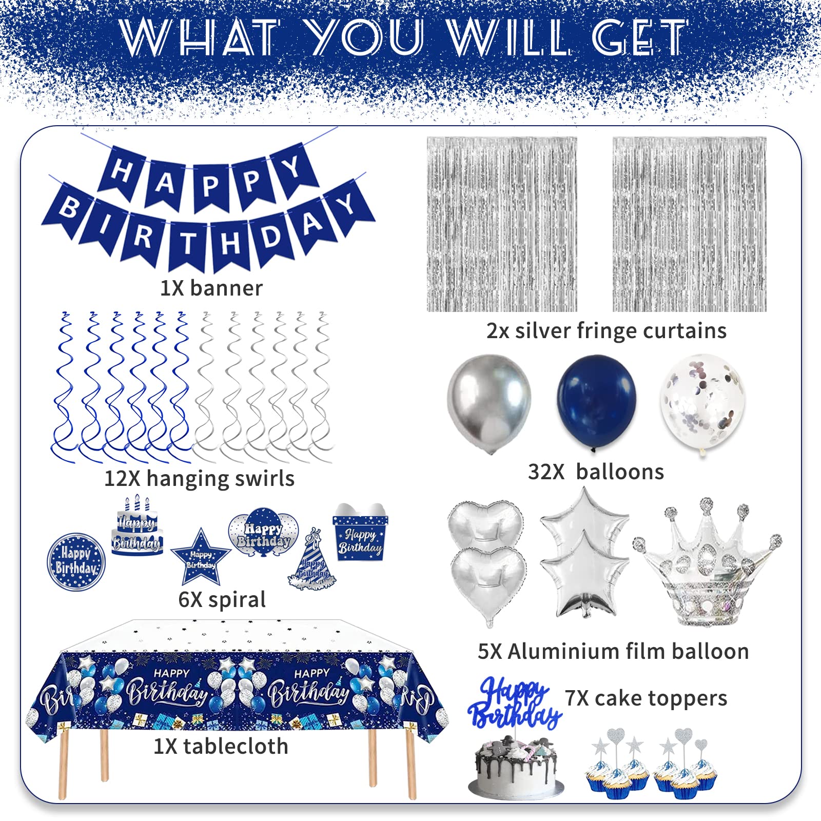 Navy Blue & Silver Birthday Party Decorations Set for Men & Women - Happy Birthday Banner, Tablecloth, Balloons, Fringe Curtains, Hanging Swirls & Cake Toppers | Perfect for Adult Birthday Parties, Office Celebrations & Surprise Decorations