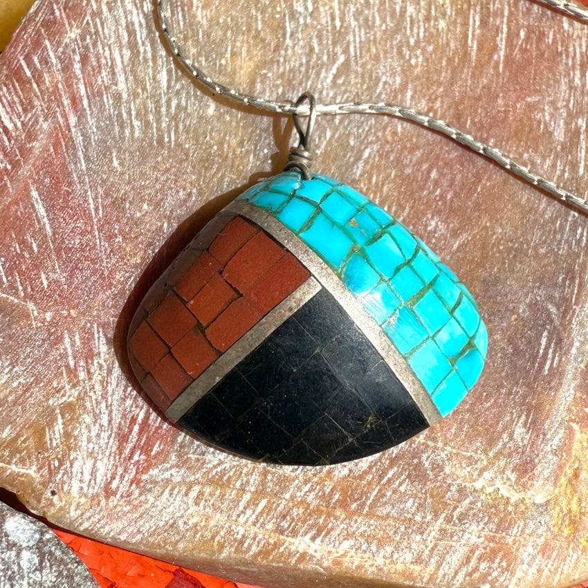 Vintage Native American Turquoise Mosaic Sterling Silver Necklace - Handcrafted Southwest Jewelry for Women, Perfect for Boho Fashion & Special Occasions