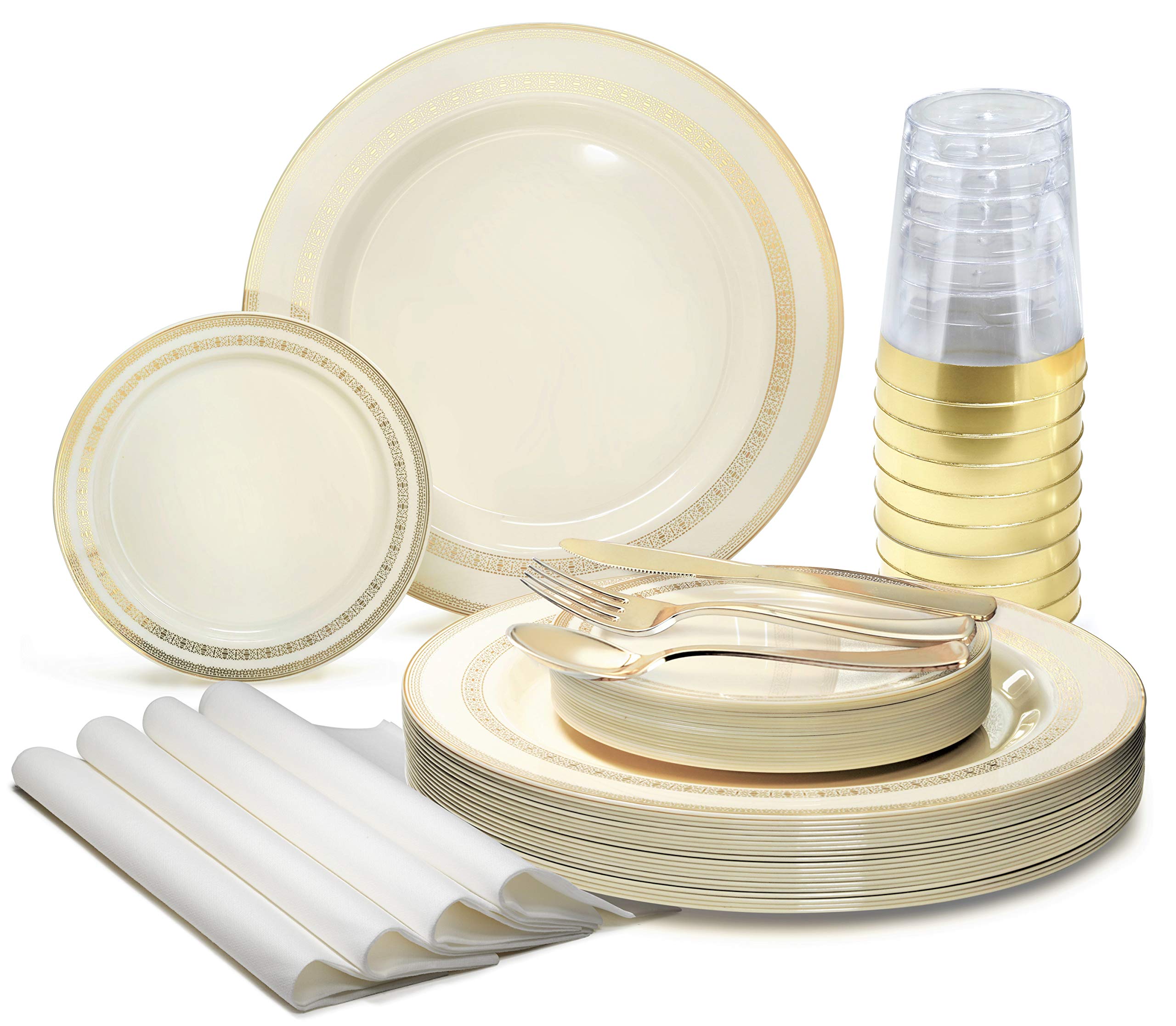 840-Piece Heavyweight Disposable Plastic Plate Set for Weddings & Parties - 120 x 10.5'' Dinner Plates, 120 x 6.25'' Dessert Plates, Gold Silverware, Cups & Lace Ivory Napkins with Gold Rim - Elegant Tableware for 120 Guests - Perfect for Wedding Receptions, Bridal Showers & Formal Events