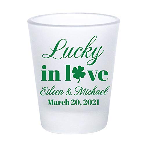 Personalized Irish Wedding Favors - Lucky in Love Frosted Shot Glasses - Bulk Wedding Guest Gifts - Shamrock-Themed Party Supplies for St. Patrick's Day & Irish-Themed Weddings