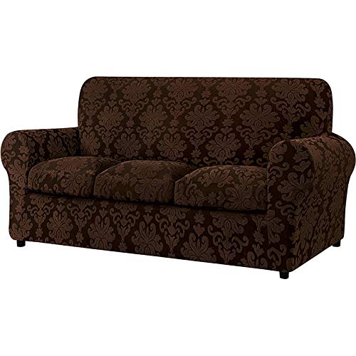 4-Piece Stretch Soft Retro European Pattern Spandex Jacquard Sofa Slipcover - 3 Separate Cushion Covers - Furniture Protector for Kids, Dogs & Cats - Dark Brown for 3-Seater Couch (Living Room, Family Room, Pet-Friendly Home)