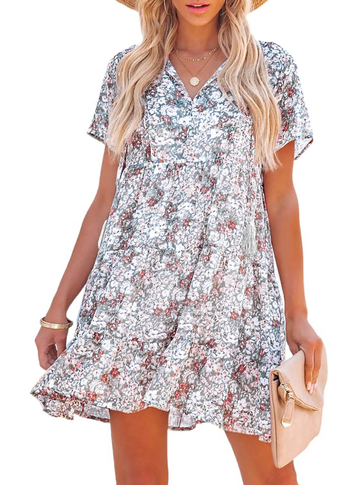 ASVIVID Women's Boho Summer Floral Dress - Casual V-Neck Ruffle Mini Dress with Short Sleeves, A-Line Swing Dress for Beach Vacation, Date Night & Summer Parties