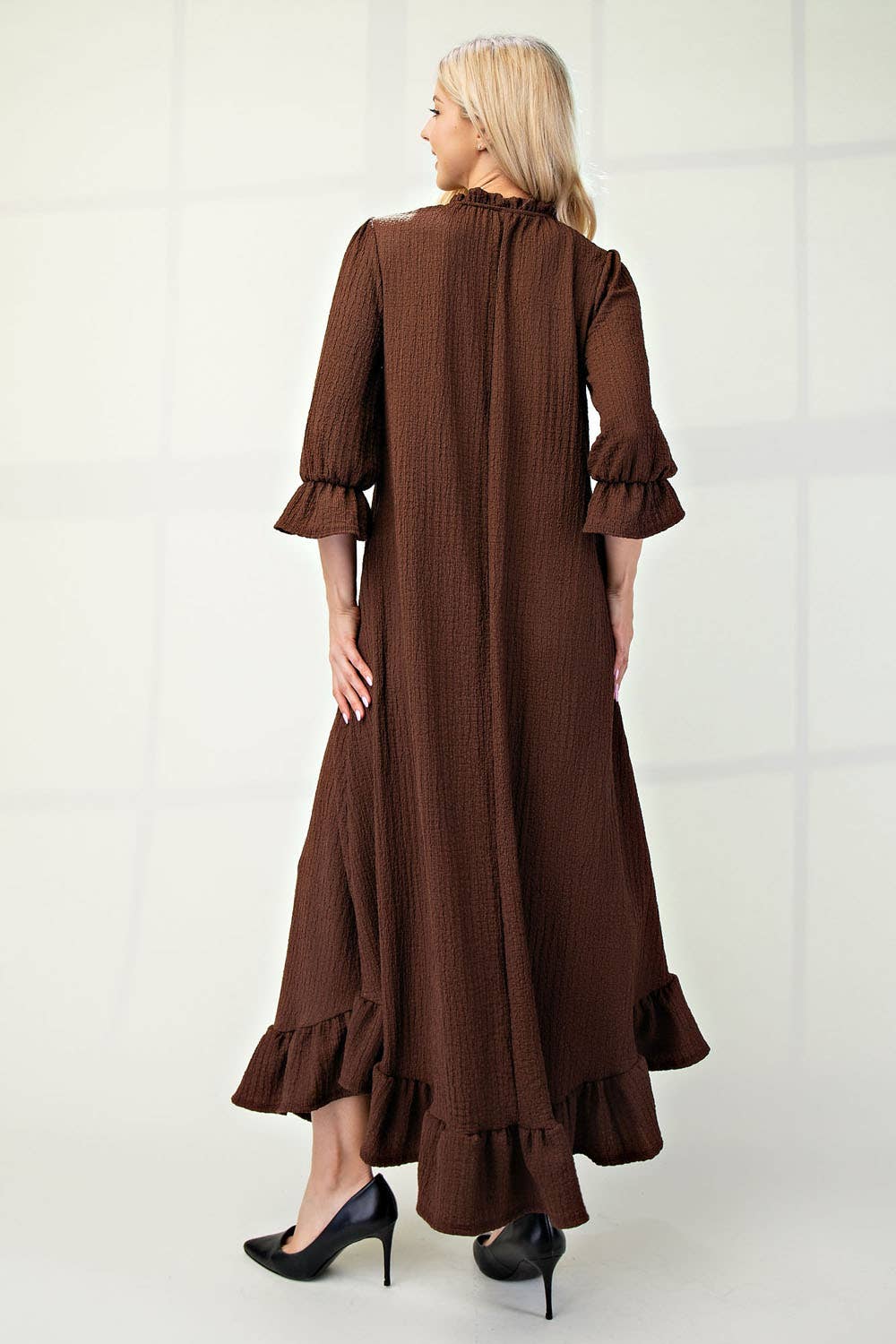 Plus Size Maxi Dress with Puff Sleeves - Brown Flowy Long Dress for Women 1XL | Casual Summer Dress for Beach, Party & Everyday Wear