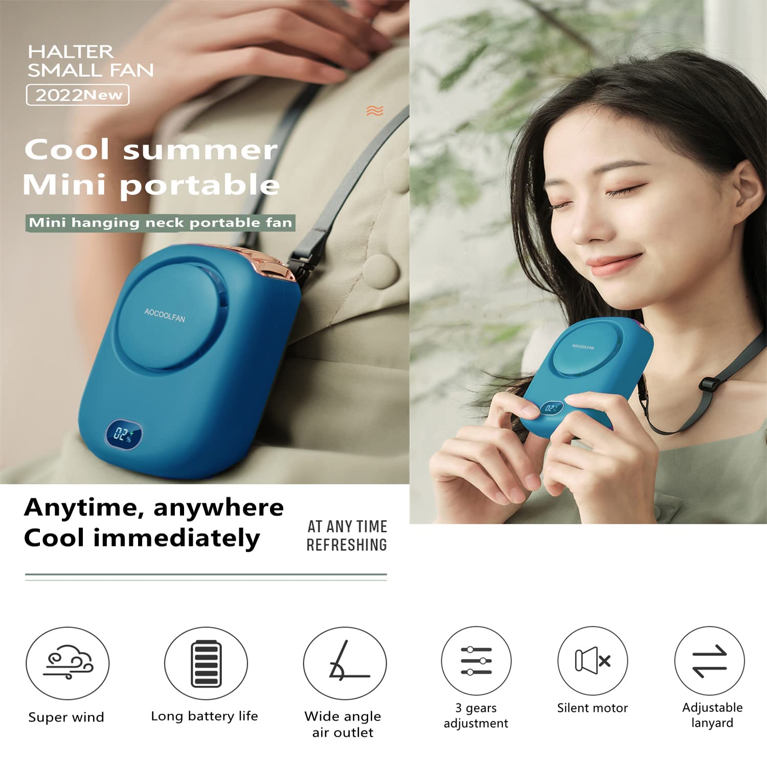 Portable Neck Fan - USB Rechargeable Personal Cooling Fan with 3 Speed Settings for Women, Men, Kids - Lightweight Hands-Free Design for Travel, Office, Home & Outdoor Use (Blue) | Stay Cool During Summer, Workouts & Daily Activities