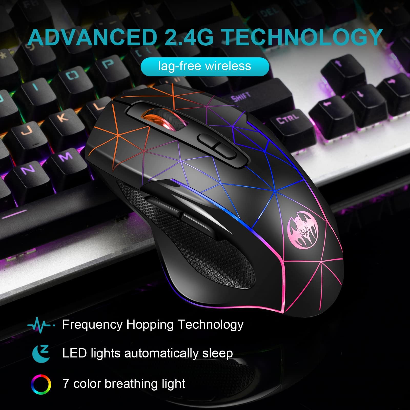 VEGCOO Wireless Gaming Mouse - Rechargeable 7-Button Silent Mouse with RGB LED Lights, 3-Level DPI Adjustable, Ergonomic Thumb Rest - Perfect for PC, Mac, Laptop & Desktop Gaming, Work & Office Use