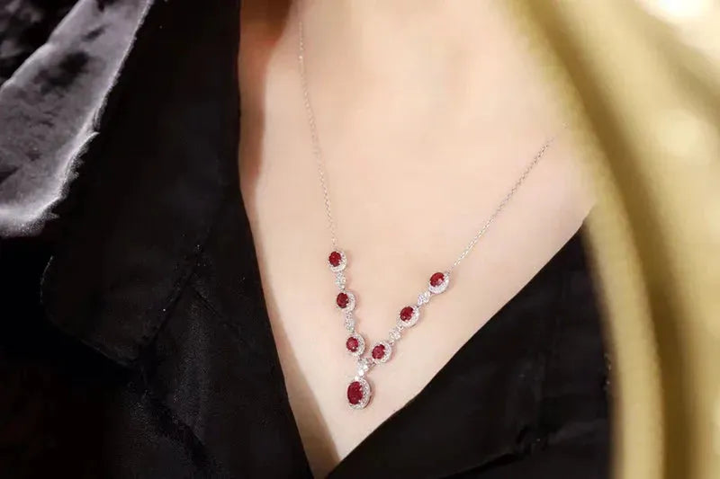 18K White Gold Ruby and Diamond Necklace for Women | Luxury Natural Gemstone Jewelry | Perfect for Senior Banquets, Weddings & Special Occasions