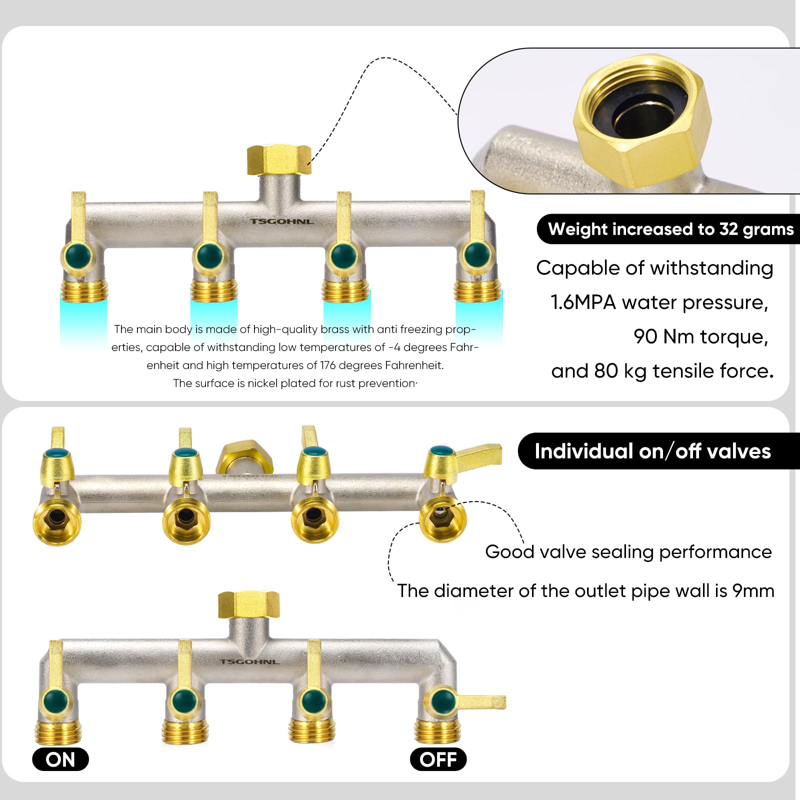 4-Way Brass Garden Faucet Splitter with 4 Extended Metal Handles - Heavy Duty Nickel Plated Outdoor Hose Divider - 3/4-Inch GHT Hex Female Inlet & Male Outlet - Perfect for Lawn Watering, Garden Irrigation & Car Washing