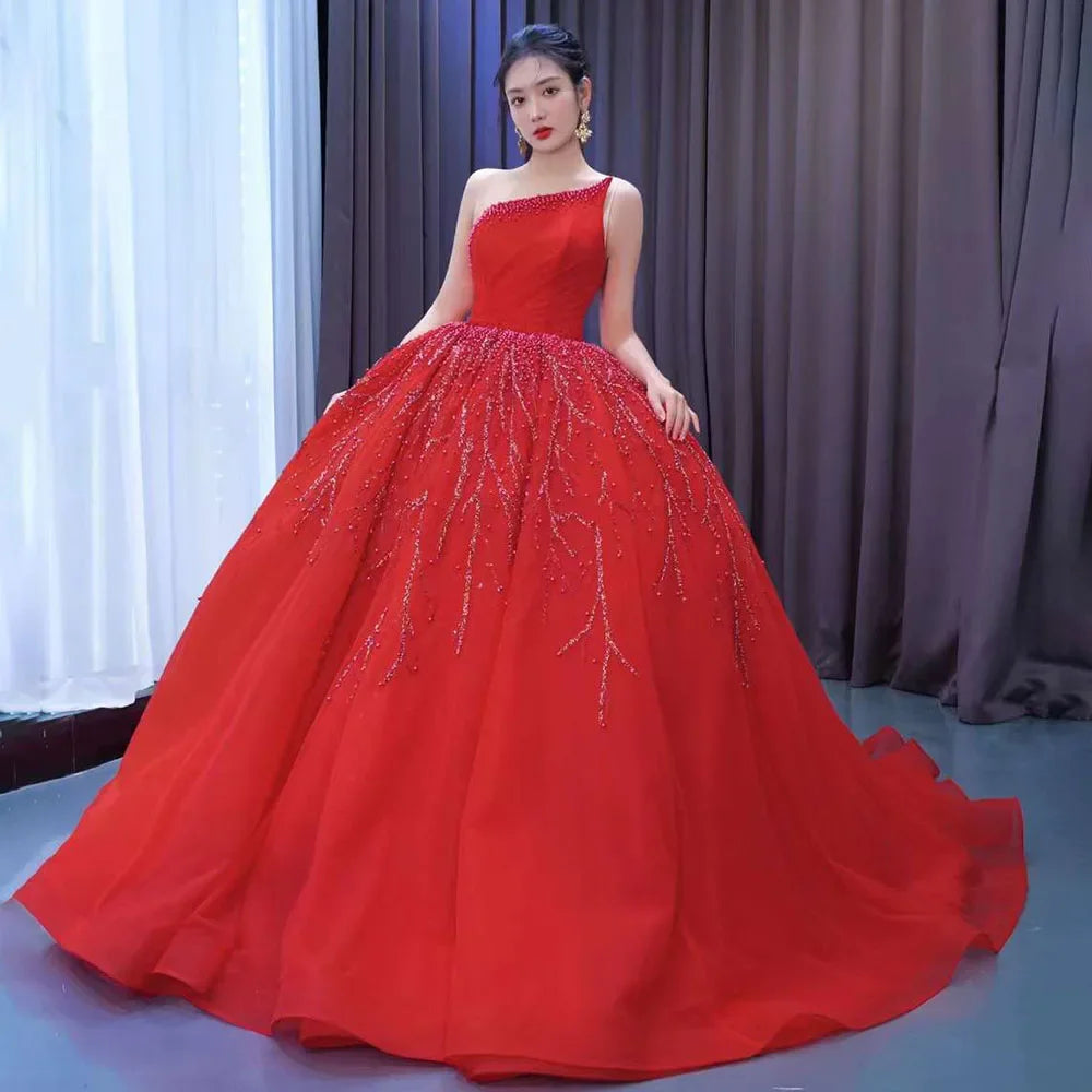 Serene Hill Red Elegant One Shoulder Lace-Up Pearl Beaded Luxury Wedding Dress 2025 | Custom Made Bridal Gown HM222191 | Perfect for Beach Weddings, Vow Renewals & Formal Evening Events