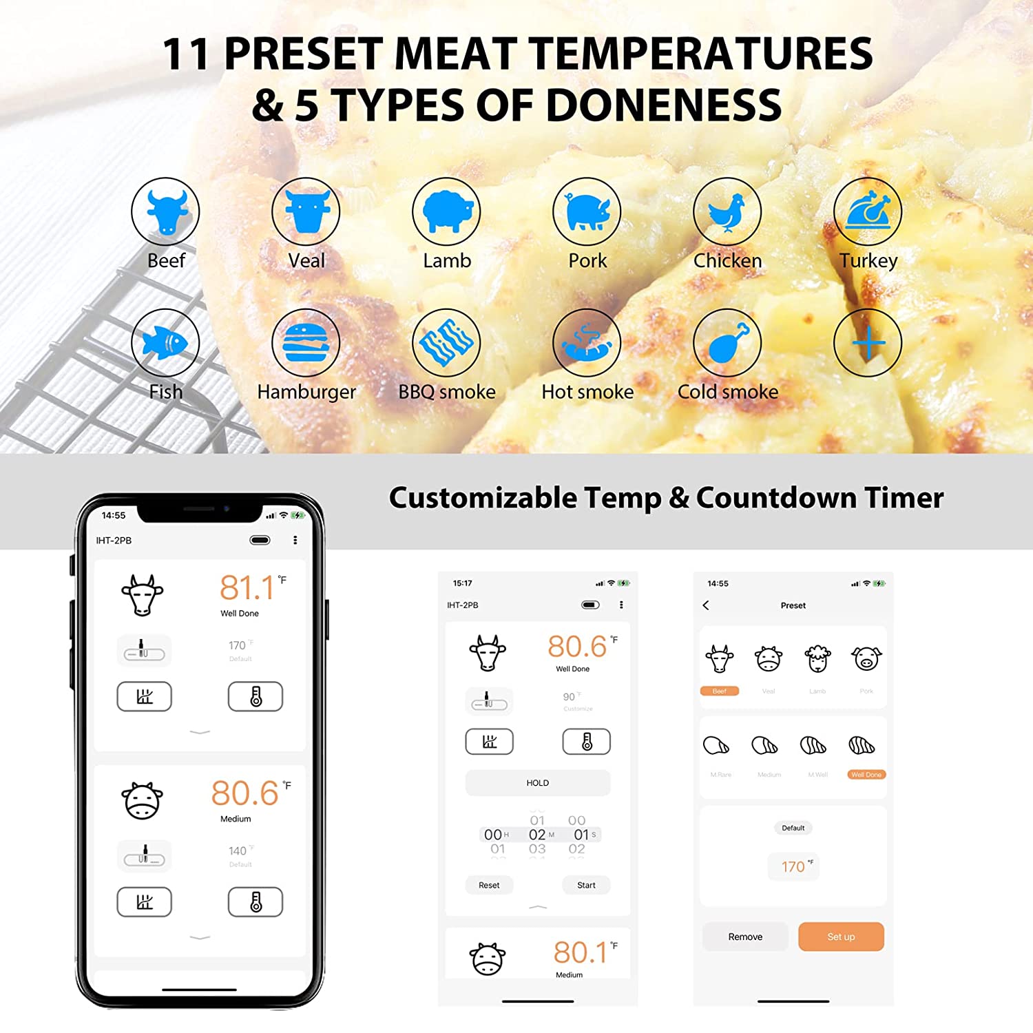 Instant Read Bluetooth Meat Thermometer IHT 2PB - Wireless Digital Cooking Thermometer for Grilling, Smoking, Baking & BBQ with Smartphone App