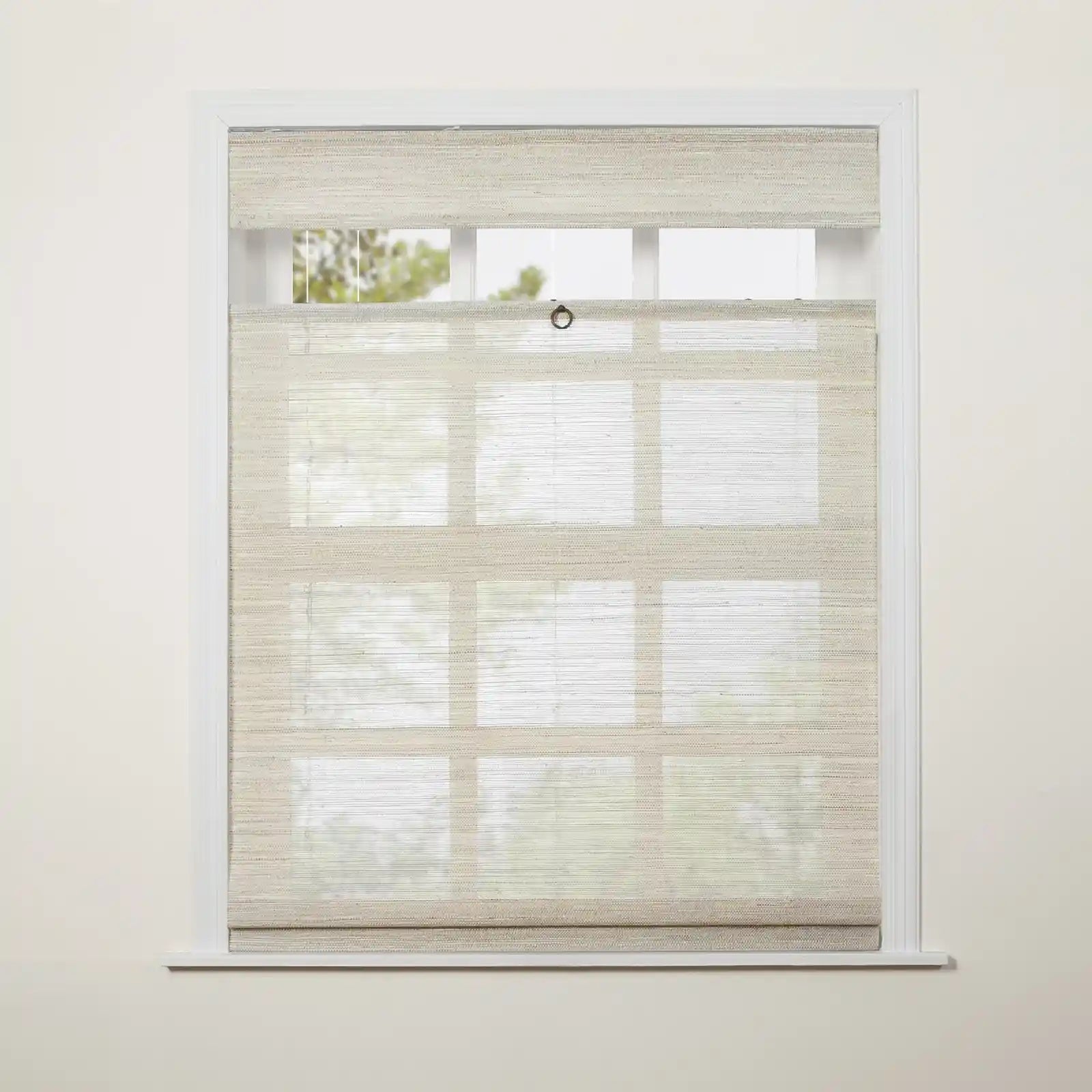 Natural Ramie Cordless Top Down Bottom Up Woven Wood Shade - White Wall Window Treatment for Living Room & Bedroom Privacy