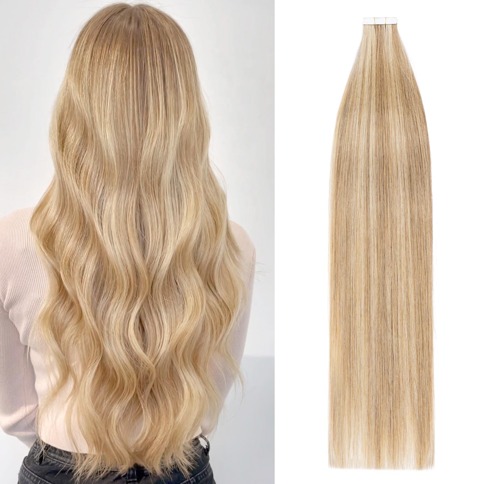 Premium 100% Remy Human Hair Tape-in Extensions - 40pcs 100g Seamless Real Hair Extensions (24 Inch, #12P613 Golden Brown Highlighted Bleach Blonde) for Volume & Length - Perfect for Parties, Weddings & Daily Styling