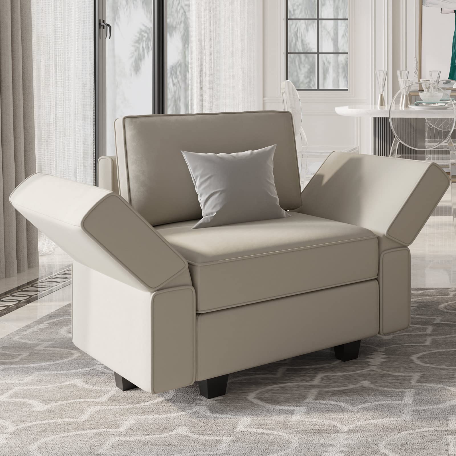 Belffin Modular Sectional Arm Chair with Storage Seat - Velvet Grey Accent Chair for Living Room, Apartment, or Office - Comfortable Single Club Chair for Relaxing & Reading