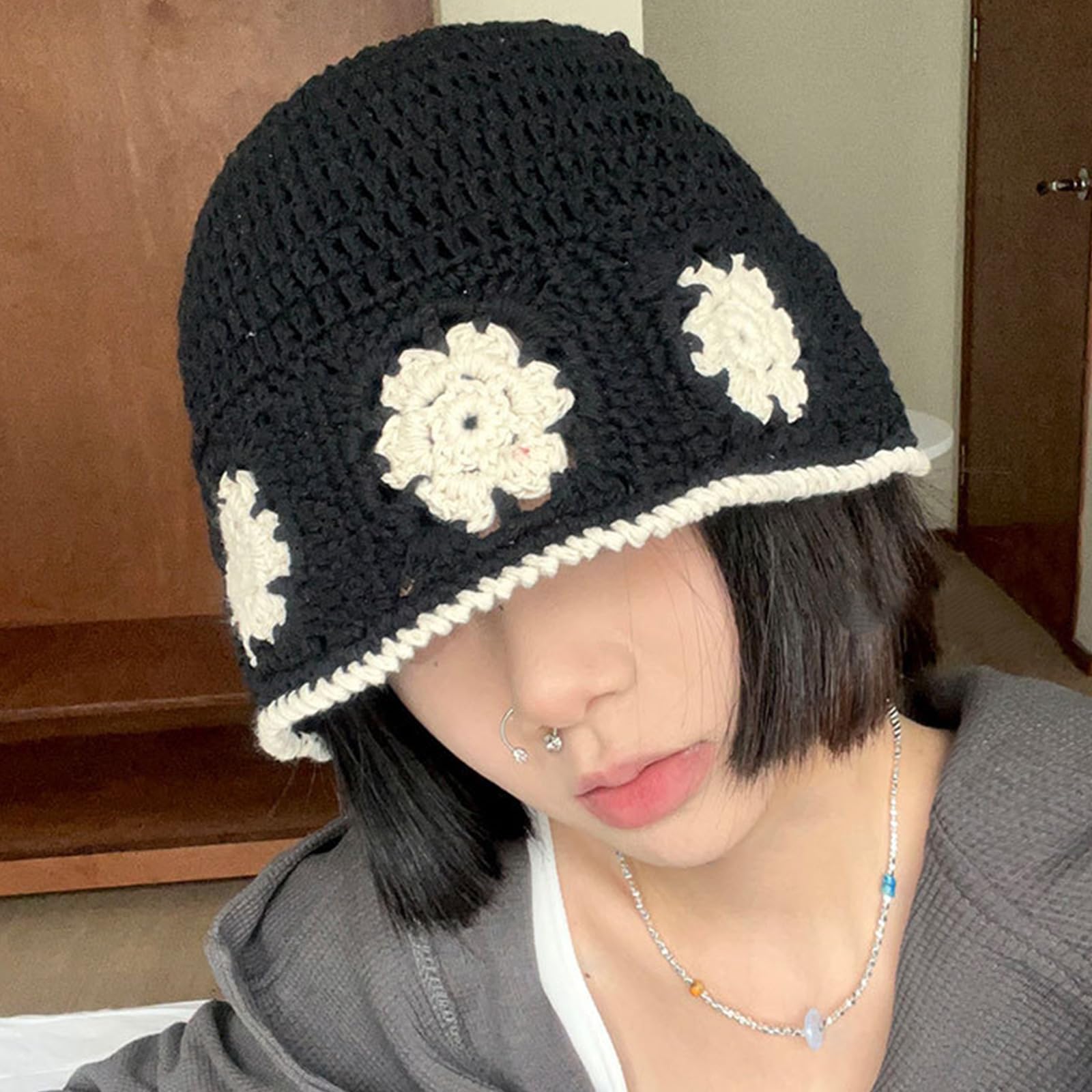 Women's Floral Crochet Knit Bucket Hat - Breathable Sun Hat for Beach, Photography & Outdoor Activities - Adjustable Medium Size in Black (BK)