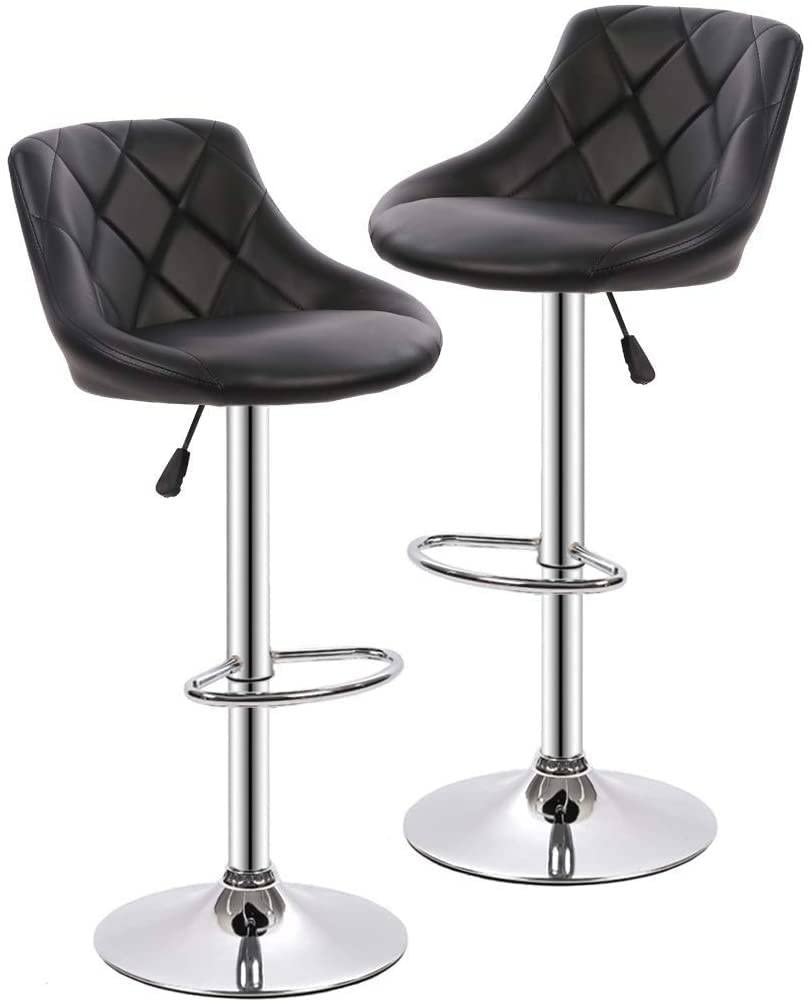Modern Bar Stools Set of 2 - Adjustable Height Counter Stools with PU Leather Seat, Metal Base & Swivel Function - Backrest & Footrest - Black Kitchen Bar Chairs for Dining Counter, Breakfast Nook & Home Bar
