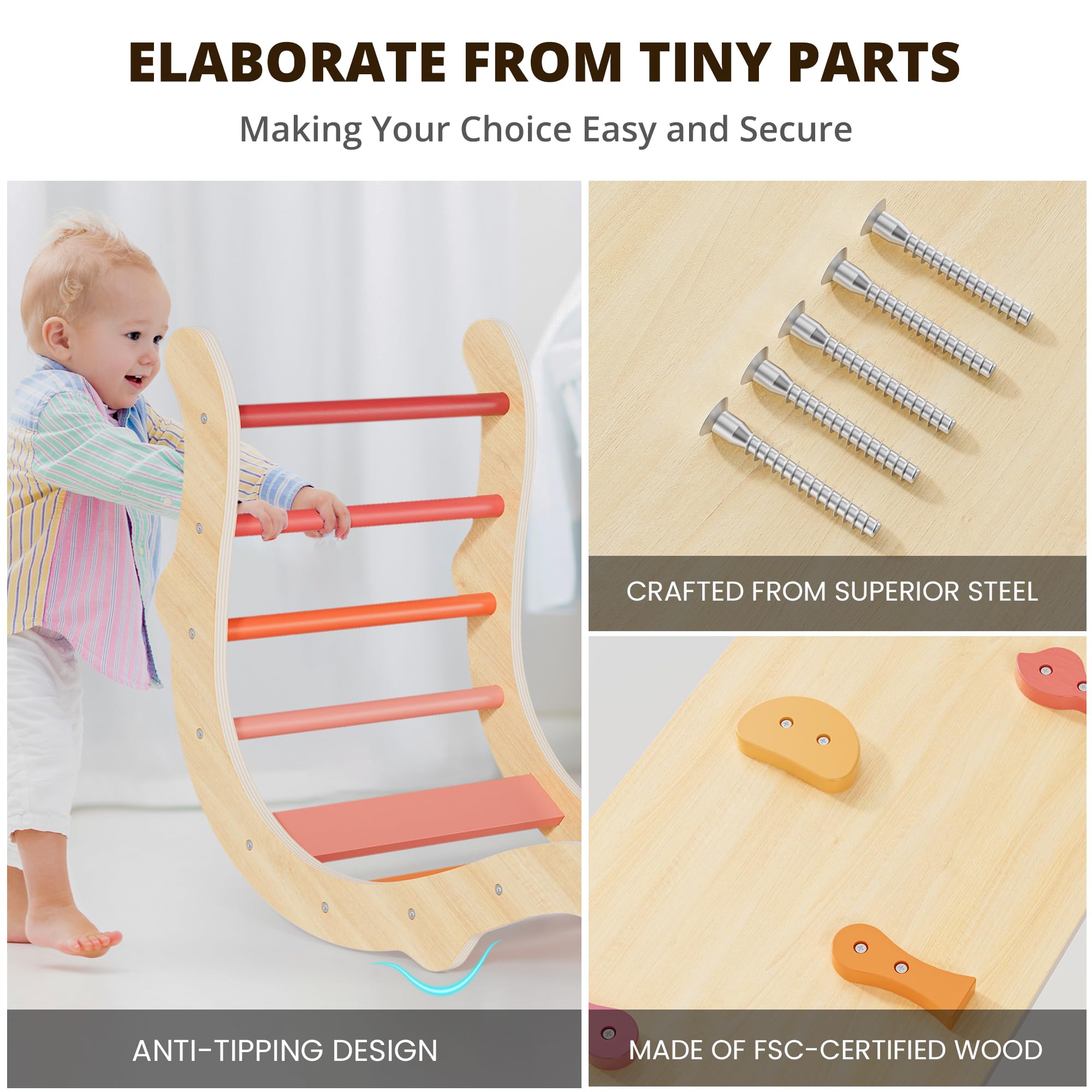 BlueWood Pikler Triangle Set - 7-in-1 Foldable Wooden Climbing Gym for Toddlers | Montessori-Inspired Indoor Play Equipment with Arch, Ramp & Ladder | Perfect for Home Playrooms, Daycares & Montessori Classrooms (Farm Charm Autumn Design)