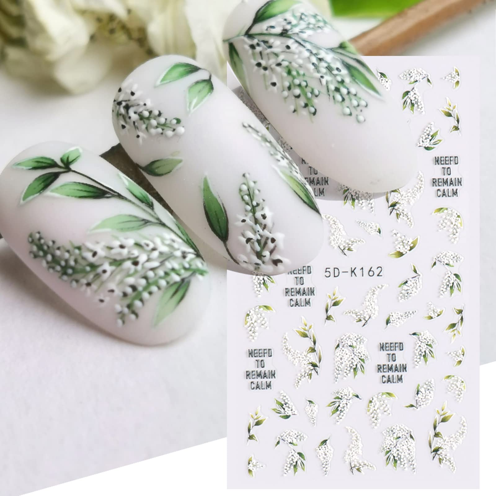5D White Flower Nail Stickers - Summer Self-Adhesive Leaf Nail Decals for Nail Art, Green Leaves & Embossed Lily Floral Nail Accessories | Perfect for DIY Nail Designs, Bridal Manicures, and Summer Nail Art Decorations