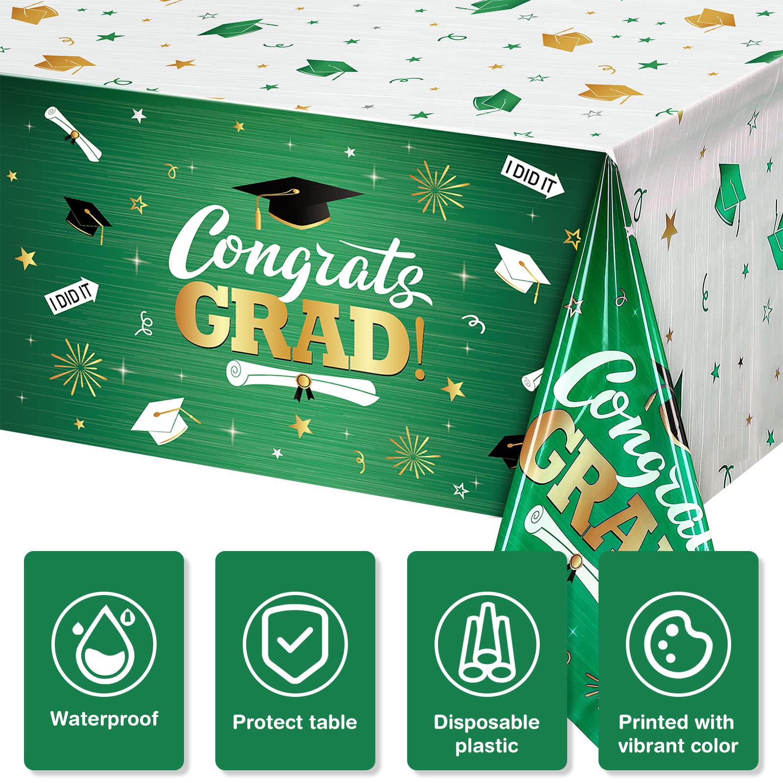 Tudomro 3-Pack Graduation Tablecloths - Class of 2023 Congratulations Grad Decorations for College & High School Prom Parties (Green) - Perfect for Graduation Ceremonies, Banquets & Celebration Decor