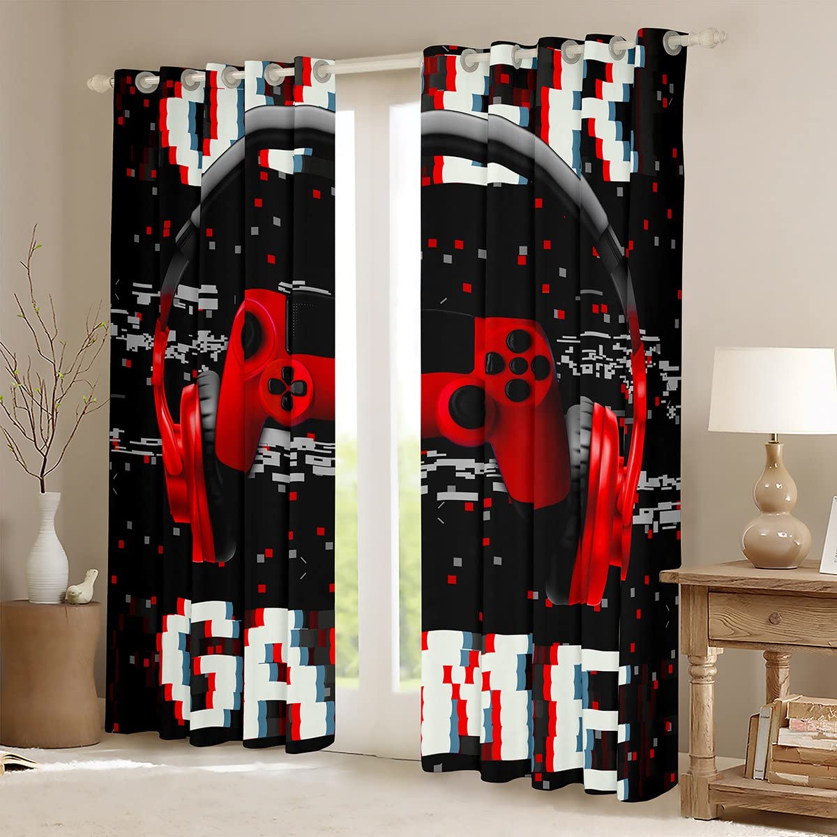 Erosebridal 3D Headset Headphones & Gaming Controller Printed Window Curtains for Living Room & Bedroom (2 Panels, 38x54 Inches) - Red Video Game Themed Drapes for Teens & Kids | Perfect for Gamers' Rooms & Game Themed Decor