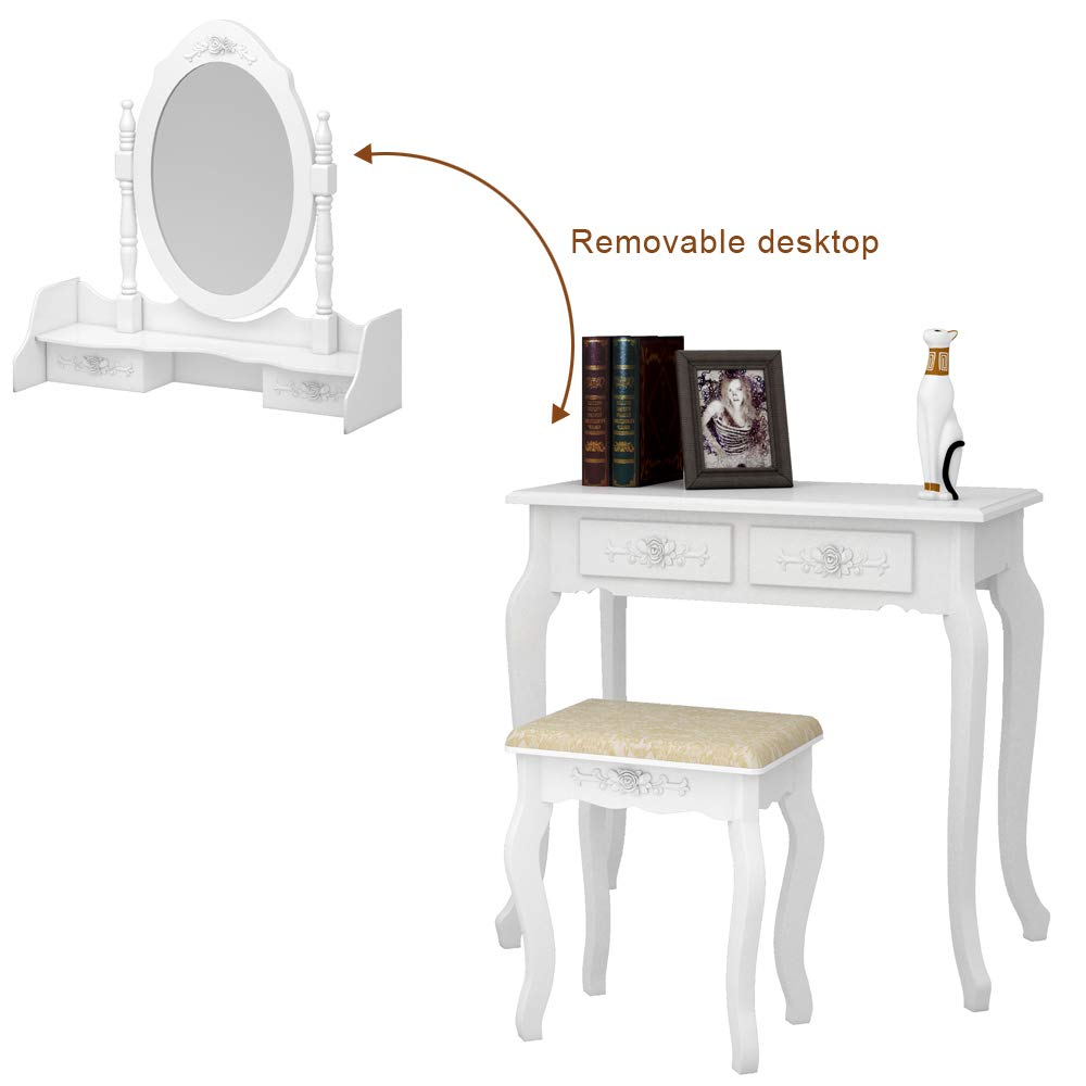 White Vanity Makeup Table with Stool Set - Wooden Rotating Mirror Dresser & Writing Desk 2-in-1, Storage Drawers & Cushioned Bench | Perfect for Bedroom, Dressing Room & Home Office Organization