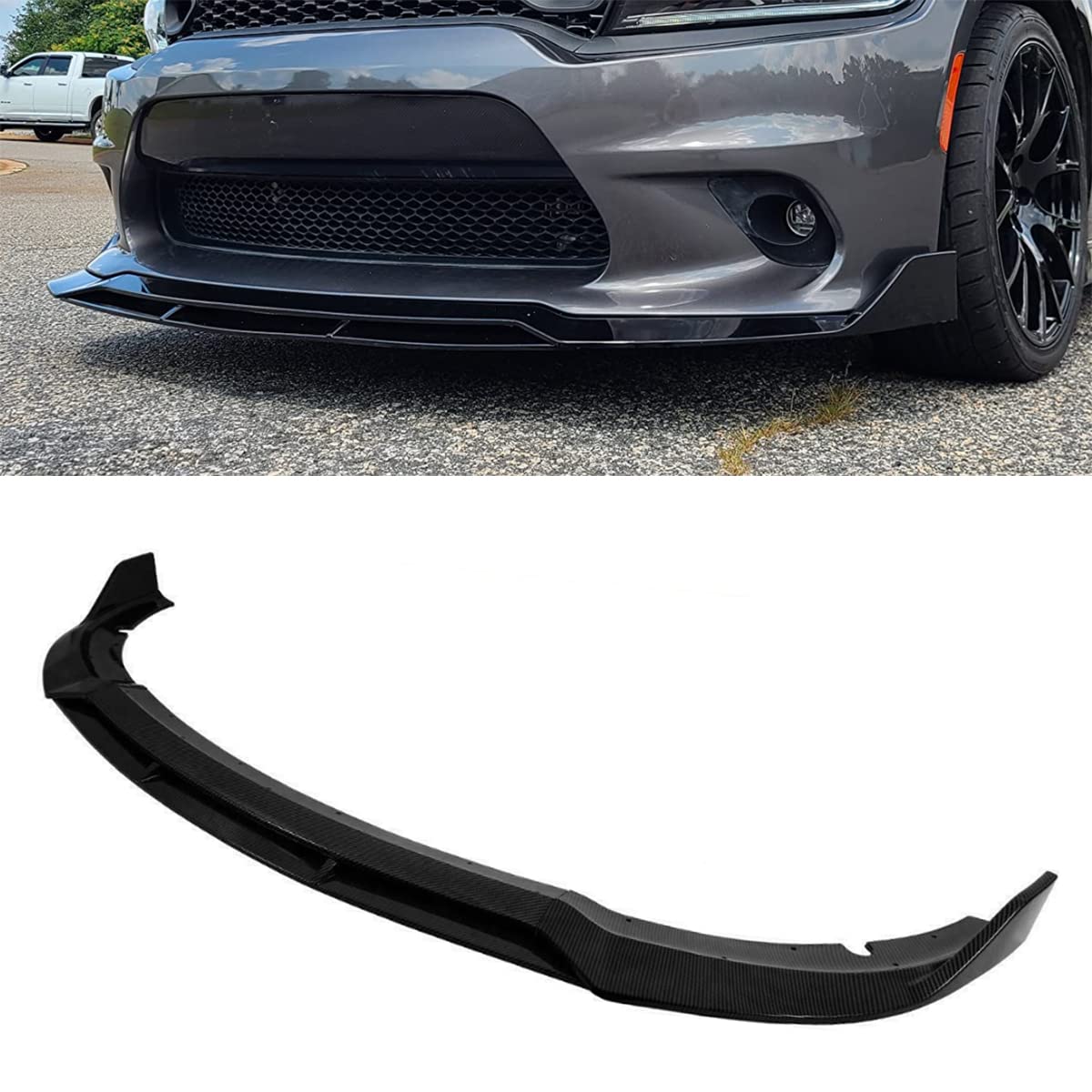 Carbon Fiber Front Bumper Lip Spoiler & Diffuser Splitter (4PCS) for 2015-2021 Dodge Charger SRT-Style - Sporty Upgrade for Enhanced Aerodynamics & Street Racing Look