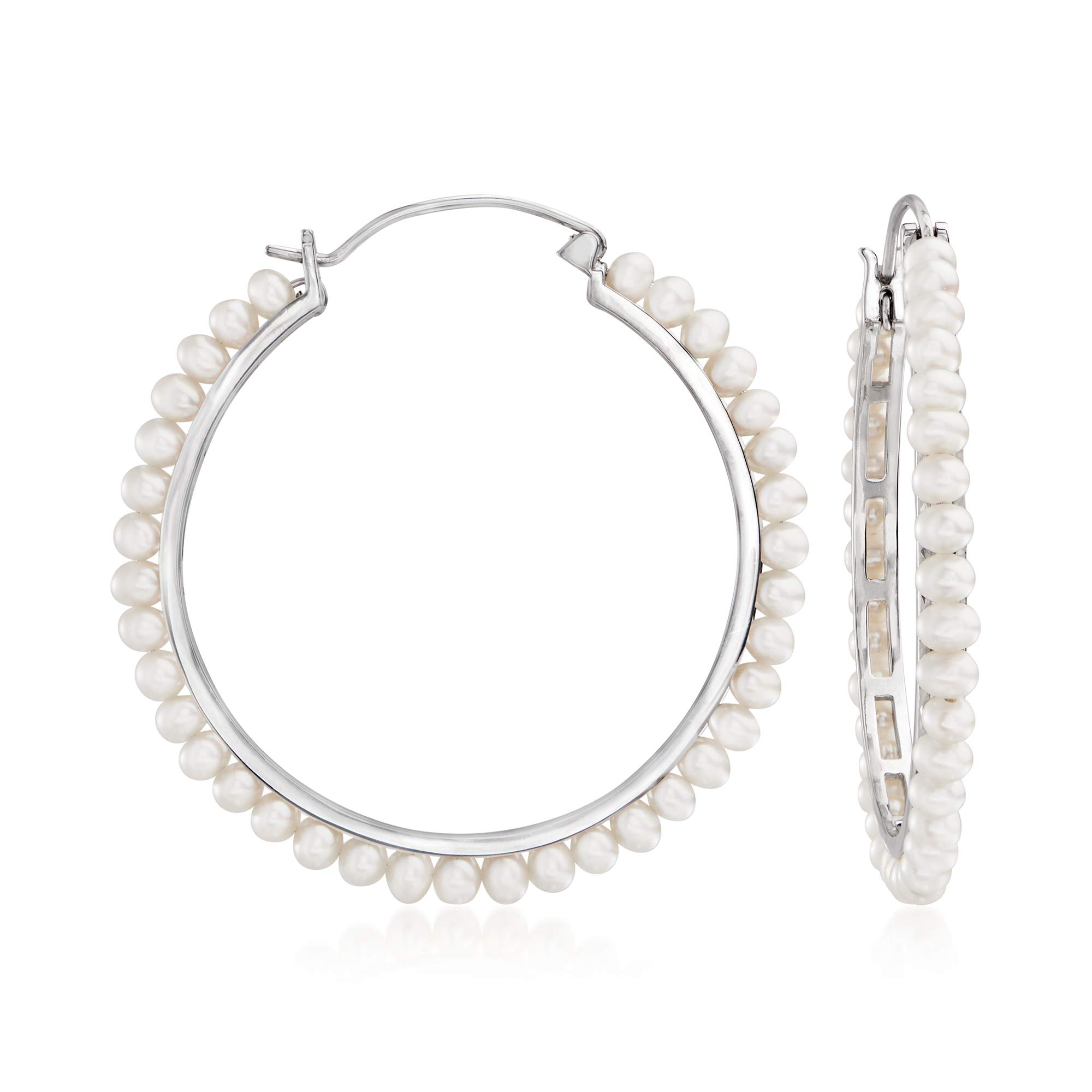 Ross-Simons 3.5-4mm Cultured Pearl Sterling Silver Hoop Earrings for Women - Elegant Jewelry Gift for Wedding, Party & Everyday Wear