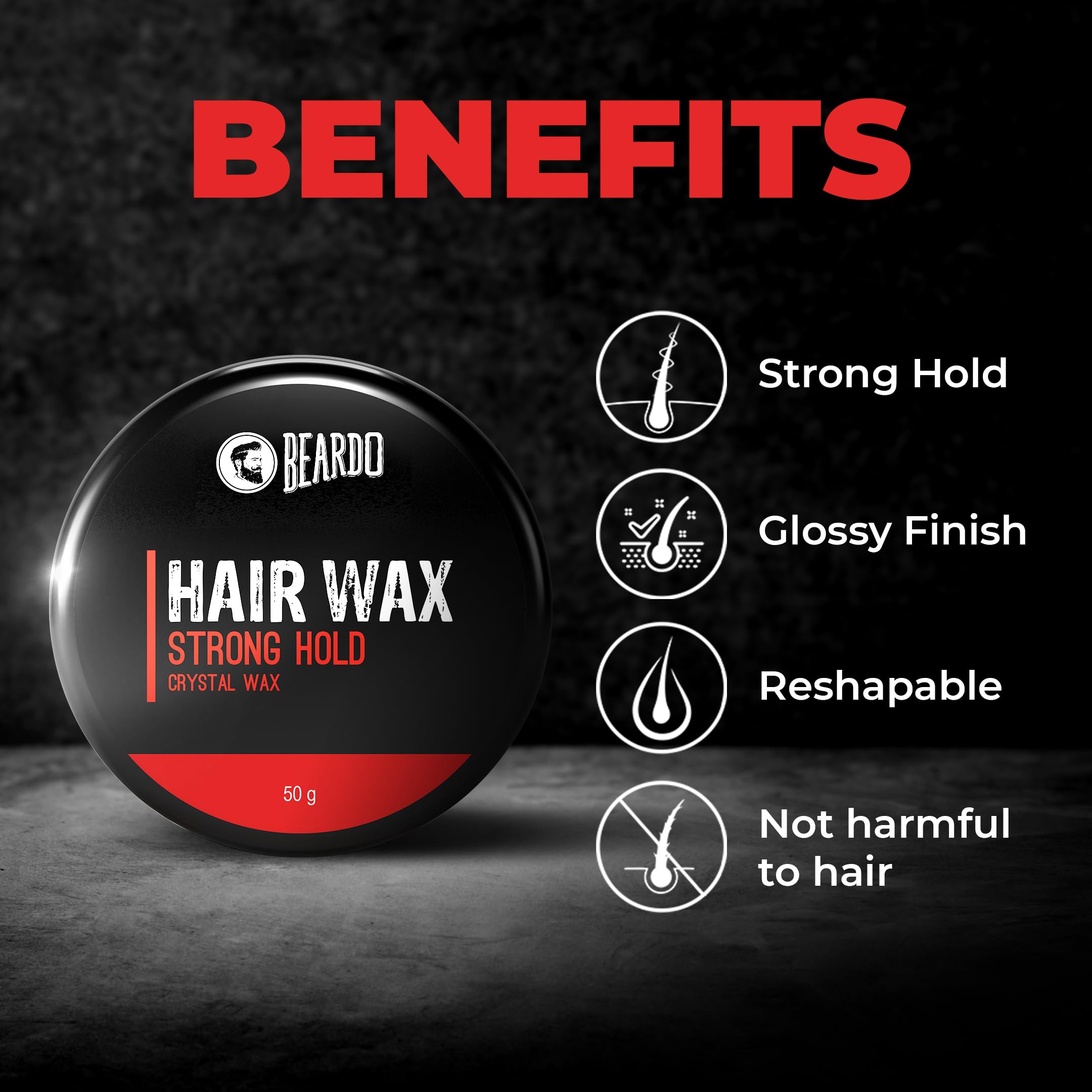 Beardo Stronghold Hair Wax For Men - 50gm | Natural Aloe Vera & Castor Oil Hair Styling Wax | Strong Hold with Glossy Shine Finish | Perfect for Daily Styling, Parties & Professional Looks
