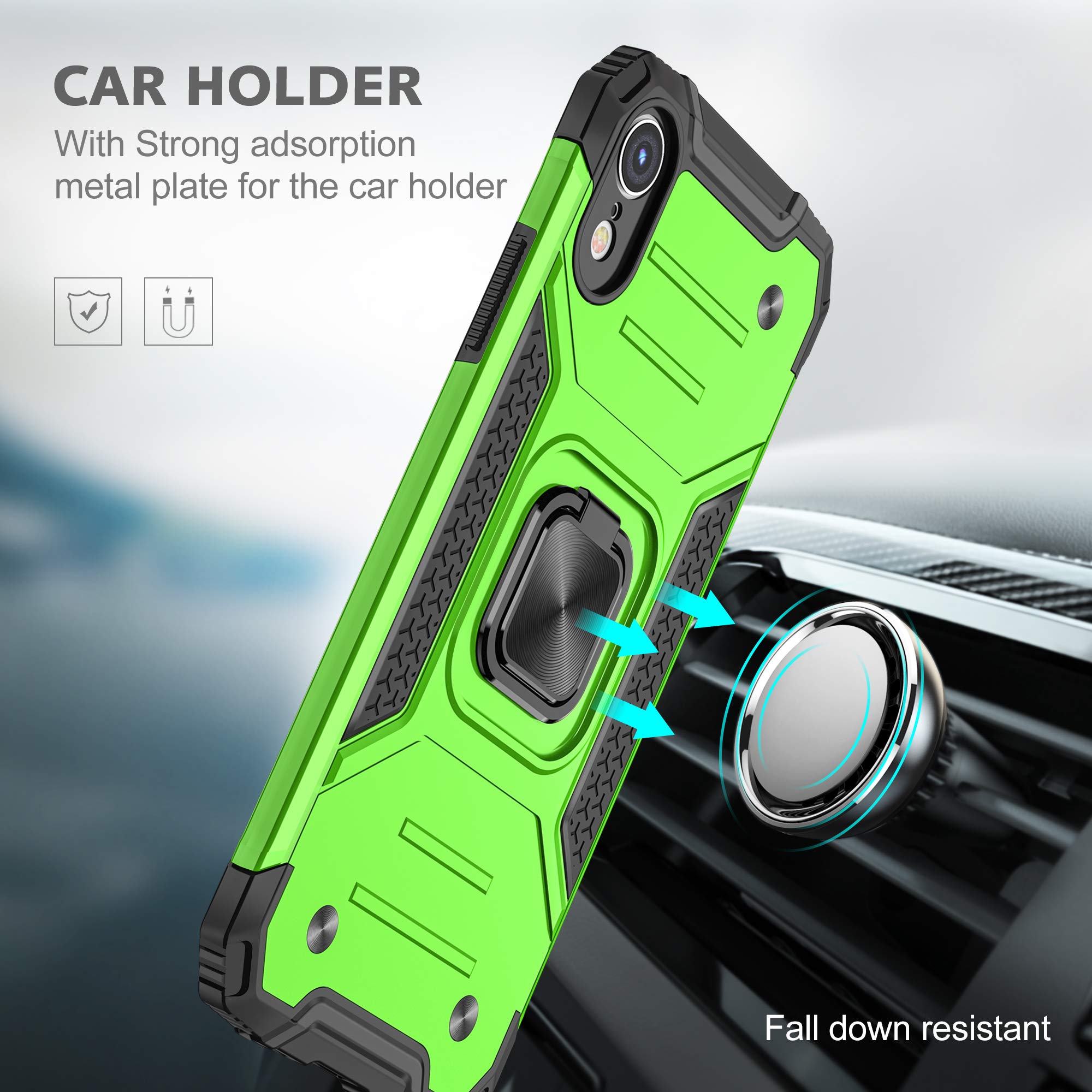 SunStory iPhone XR Case with HD Screen Protector & Magnetic Ring Kickstand - Compatible with iPhone XR 2018 (Z-Green) | Shockproof Protective Cover for Work, Travel and Outdoor Activities