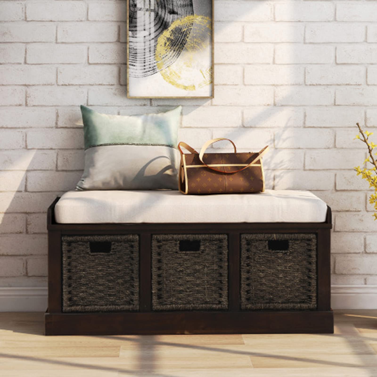 SLEERWAY Shoe Storage Bench with 3 Rattan Baskets & Removable Cushion - Farmhouse Entryway Bench for Mudroom, Living Room, Hallway - No Assembly Required Organizer for Shoes, Hats & Home Decor