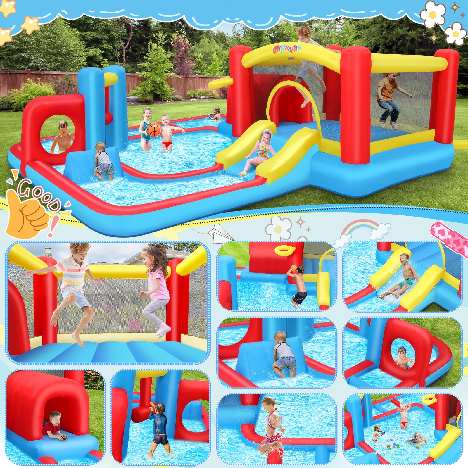 **AKEYDIY Inflatable Bounce House Water Slide with Obstacle Course & Splash Pool - Kids Outdoor Water Park Toy for Backyard, Birthday Parties (Ages 3-12) - Includes Blower for Easy Setup | Perfect for Summer Fun, Family Gatherings & Outdoor Play**