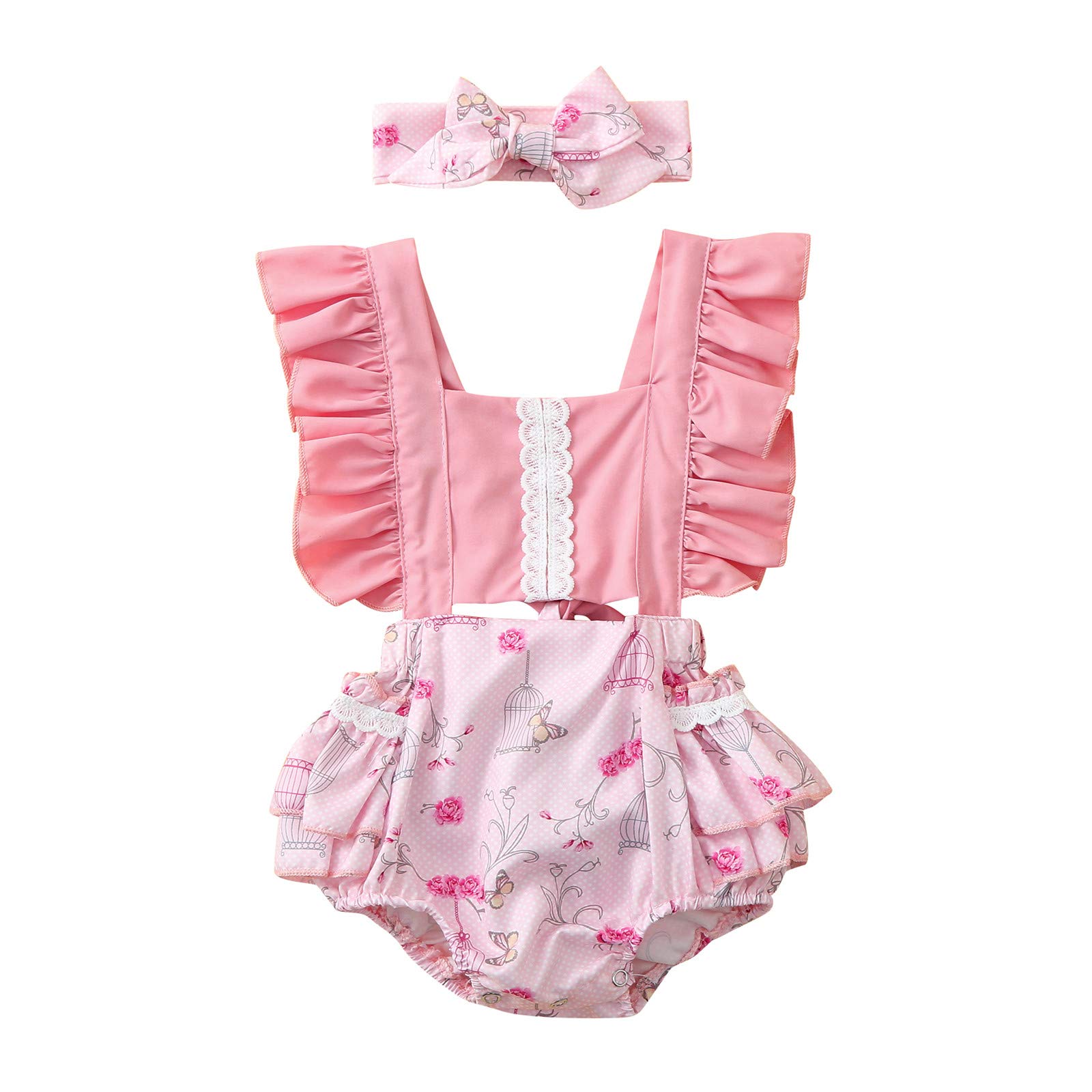 Baby Girl Summer Outfits - Newborn Infant Lace Floral Print Romper & Headband Set | Cute Ruffle Children's Clothes for Photoshoots, Parties & Outdoor Play